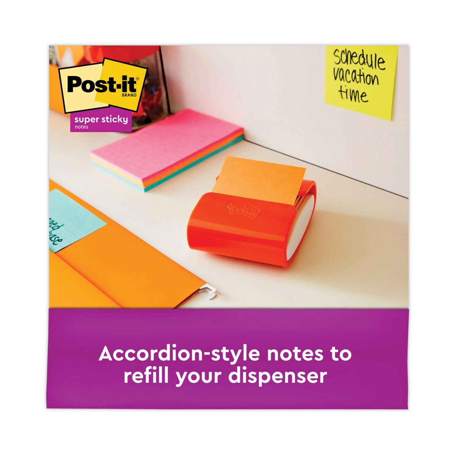 Post-it Super Sticky Dispenser Notes, Energy Boost Color Collection, 3" x 3", Vital Orange, Tropical Pink, Sunnyside, 1 Pack