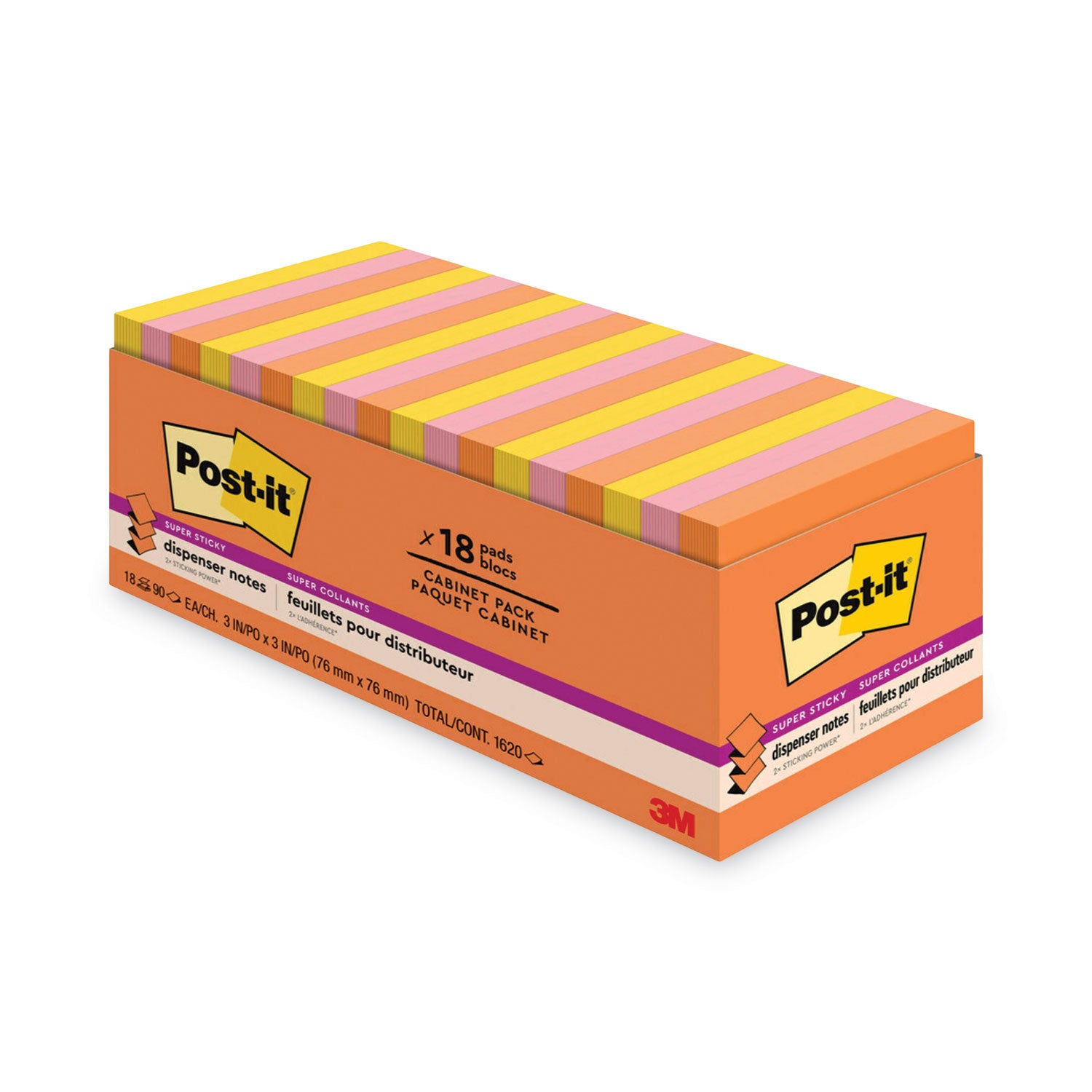 Post-it Super Sticky Dispenser Notes, Energy Boost Color Collection, 3" x 3", Vital Orange, Tropical Pink, Sunnyside, 1 Pack