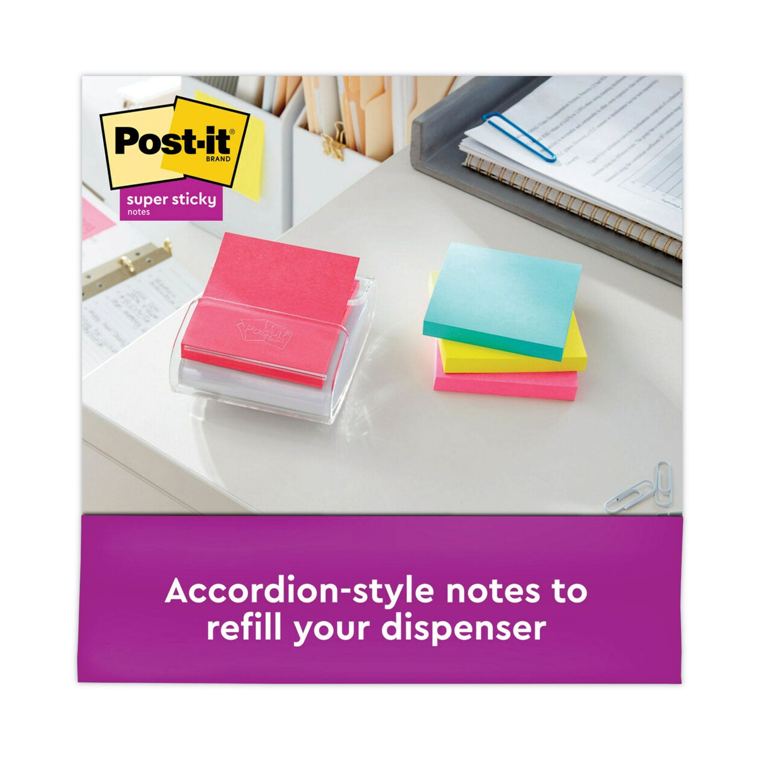 Post-it Super Sticky Dispenser Notes, Supernova Neons Color Collection, 3" x 3", 90 Sheets per Pad, Aqua Splash/Acid Lime/Guava, 1 Pack