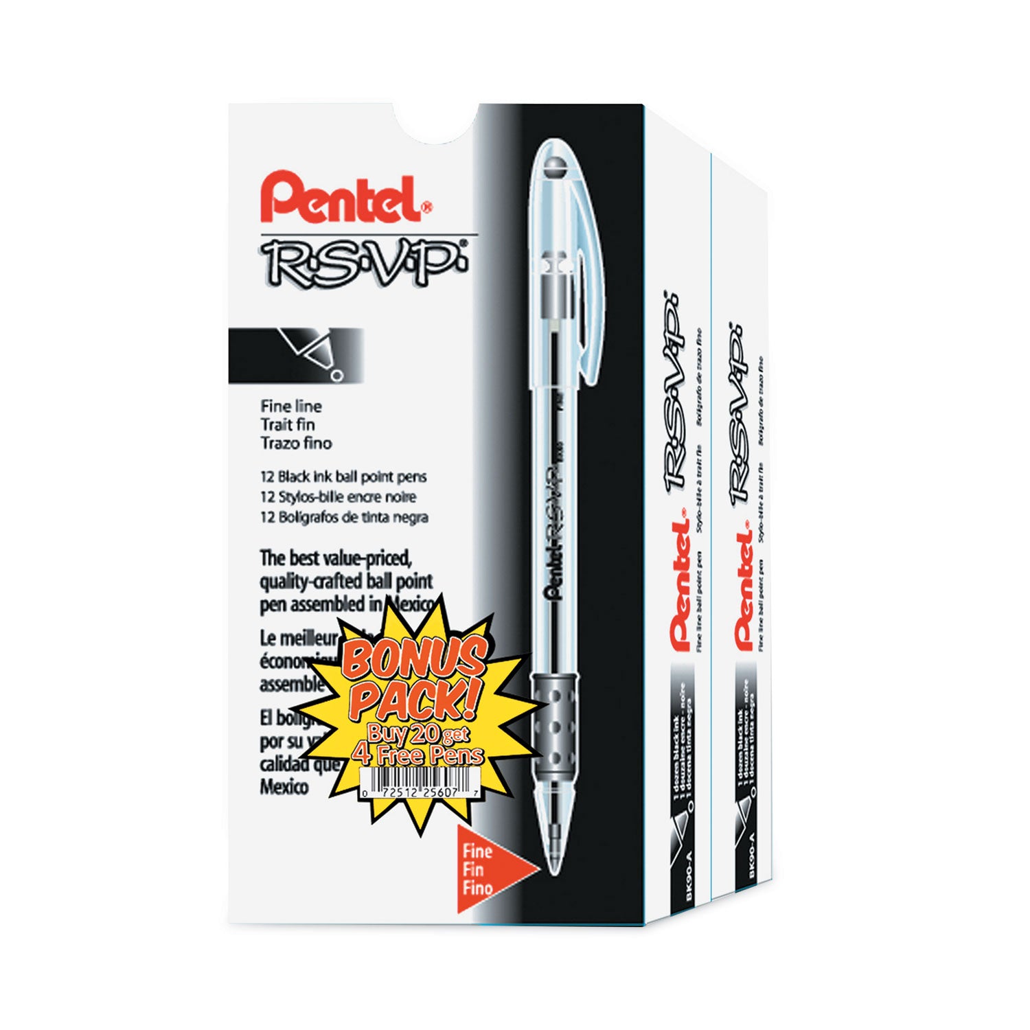 Pentel R.S.V.P. Ballpoint Stick Pens - Fine Pen Point - Refillable - Black Ink - Clear Barrel - Stainless Steel Tip - 24 / Pack