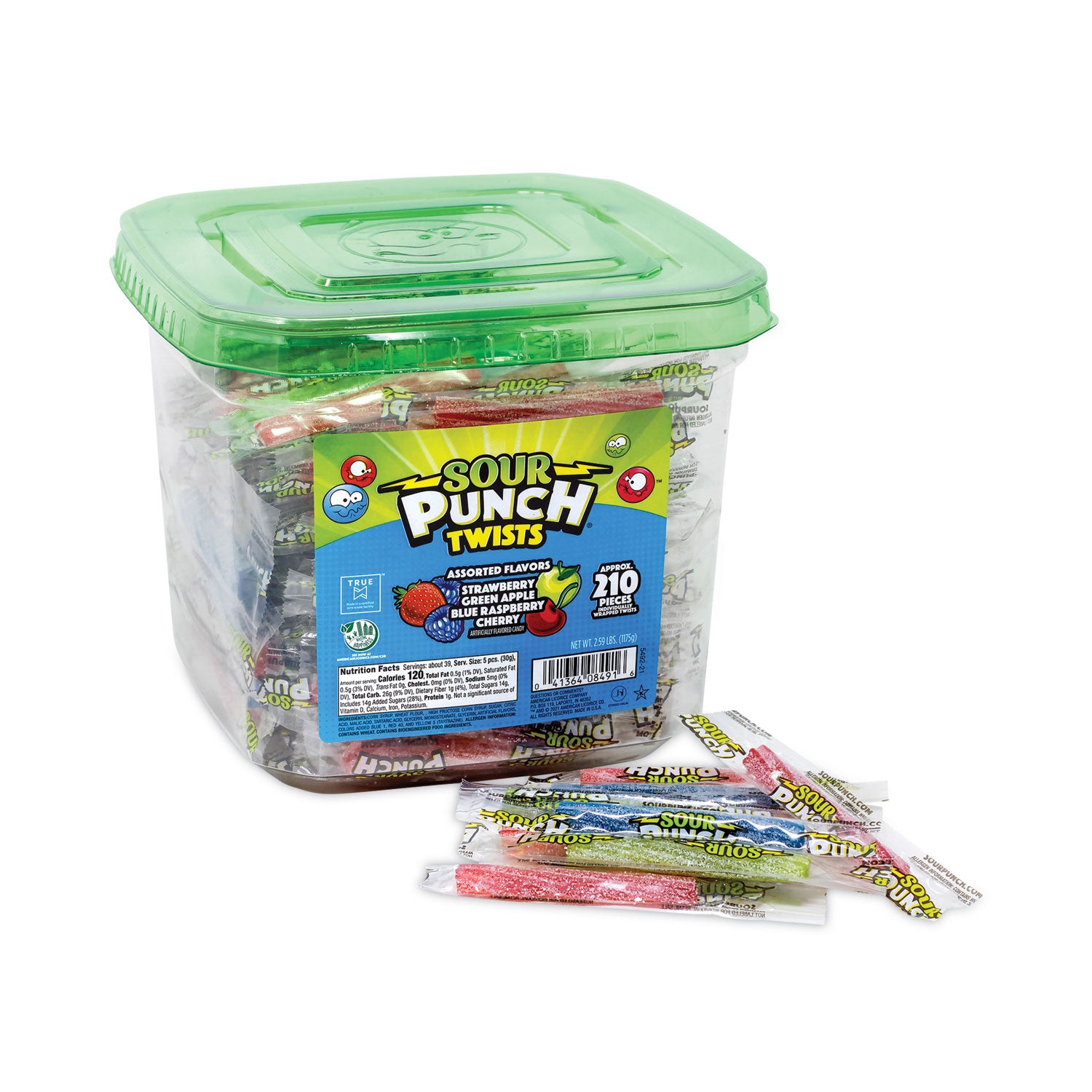 Green Rabbit Sour Punch Twists - Fruit, Cherry, Watermelon, Apple, Blueberry - Individually Wrapped - 210 / Carton