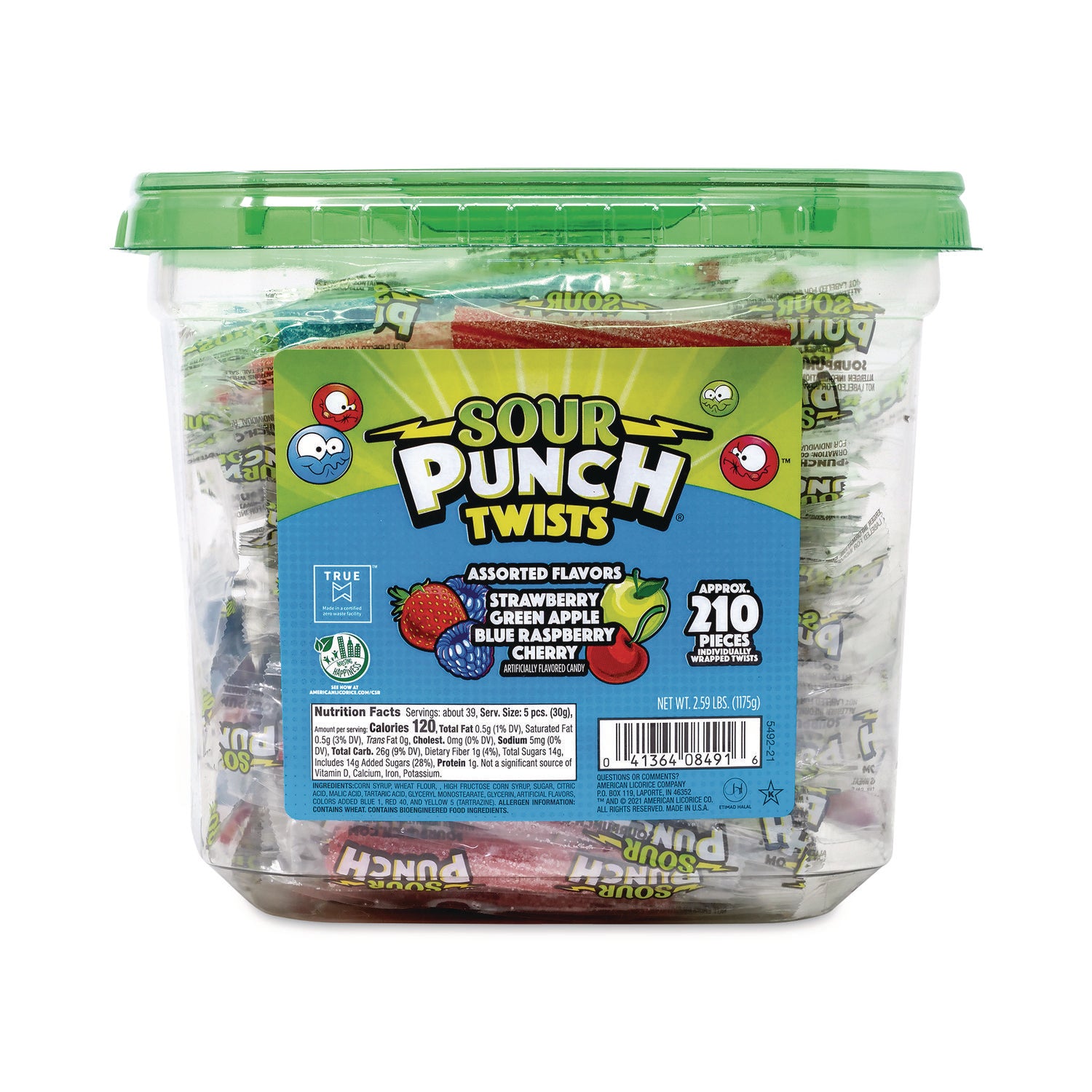 Green Rabbit Sour Punch Twists - Fruit, Cherry, Watermelon, Apple, Blueberry - Individually Wrapped - 210 / Carton