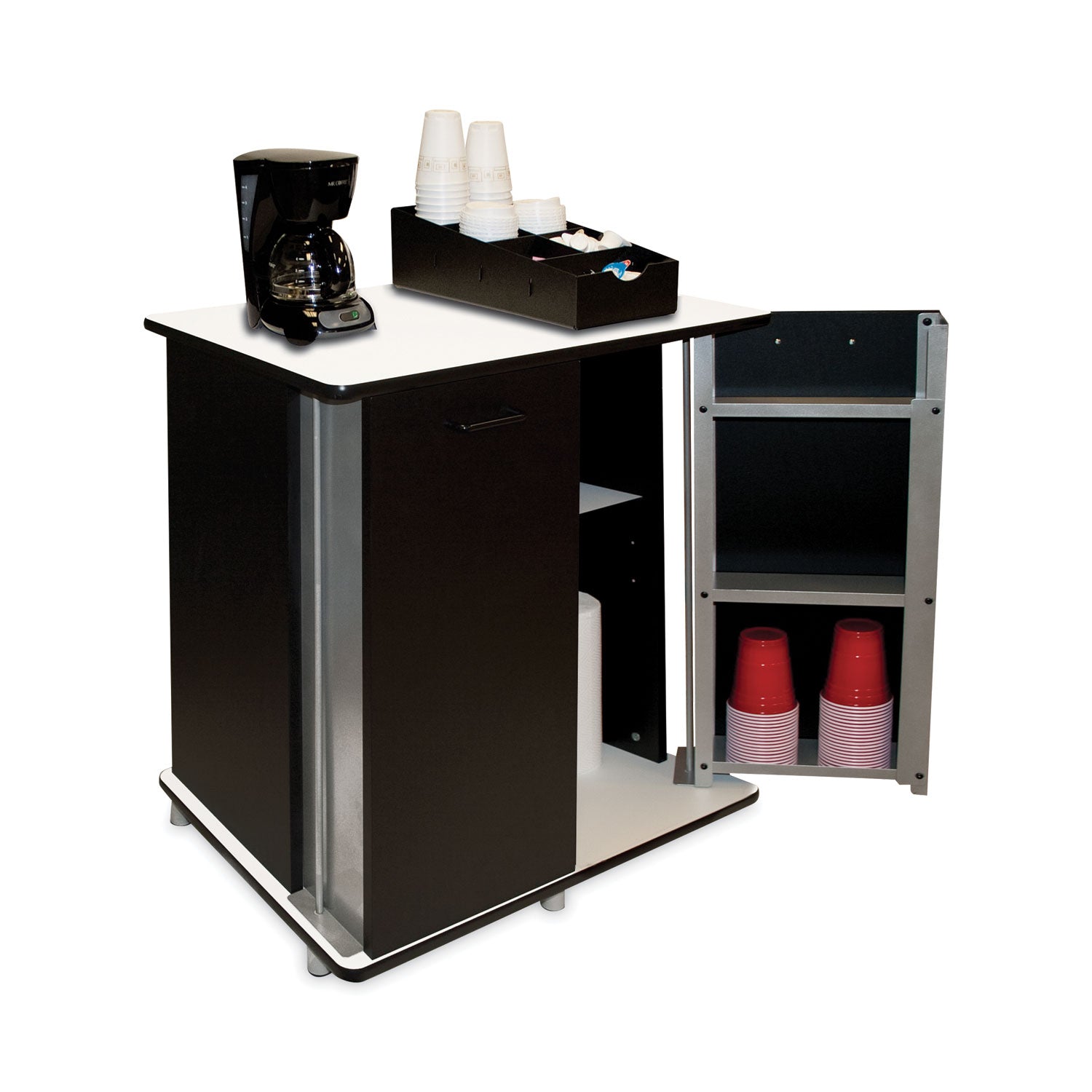 Refreshment Stand, Engineered Wood, 9 Shelves, 29.5" x 21" x 33", White/Black