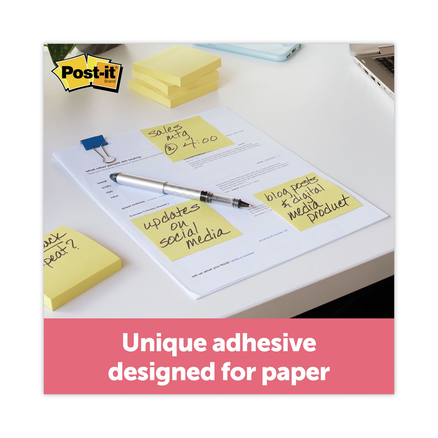 Post-it&reg; Greener Notes - 1200 - 3" Flag/Note Width x 3" Flag/Note Length - Square - 100 Sheets per Pad - Unruled - Canary Yellow - Paper - Self-adhesive, Repositionable - Recycled - 1 Pack
