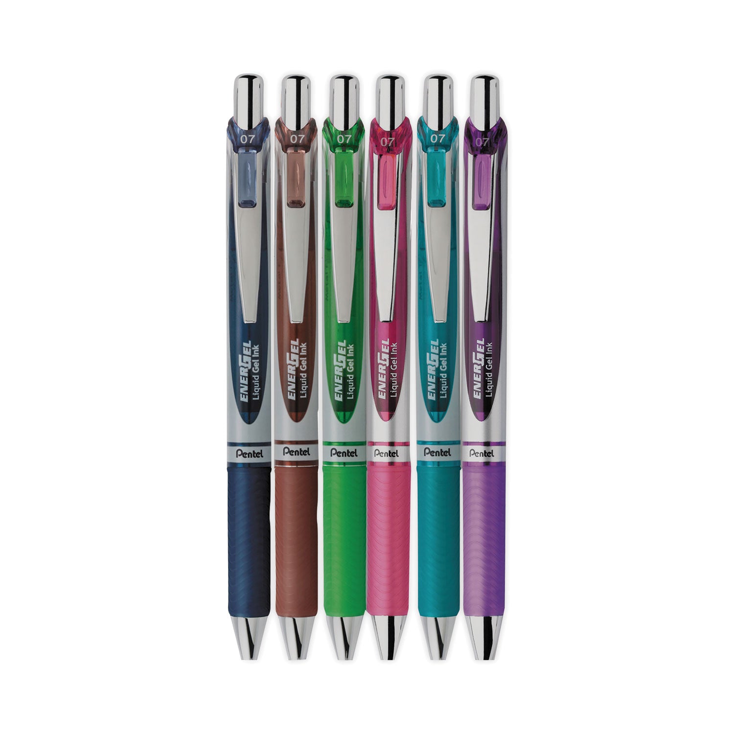 Pentel EnerGel RTX Liquid Steel Tip Gel Pens, 0.7mm Medium, Refillable, Retractable, Assorted Ink & Barrel Colors (Navy Blue, Lime Green, Brown, Pink, Violet, Turquoise), Stainless Steel Tip, 6 Pack