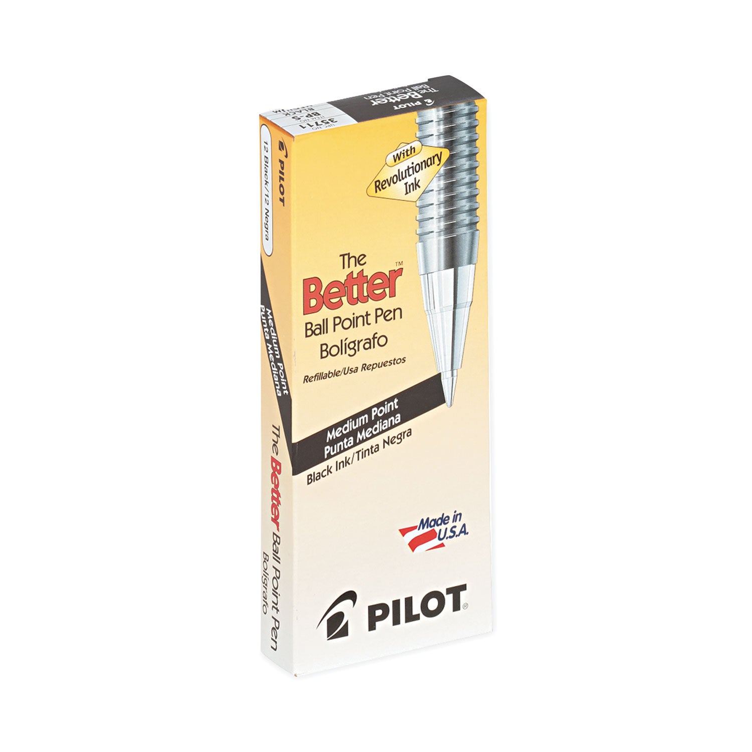 Pilot Better BP-S Ball Stick Pens - 1 mm Medium Pen Point - Refillable - Black Ink - Crystal, Clear Barrel - Stainless Steel Tip - 1 Dozen