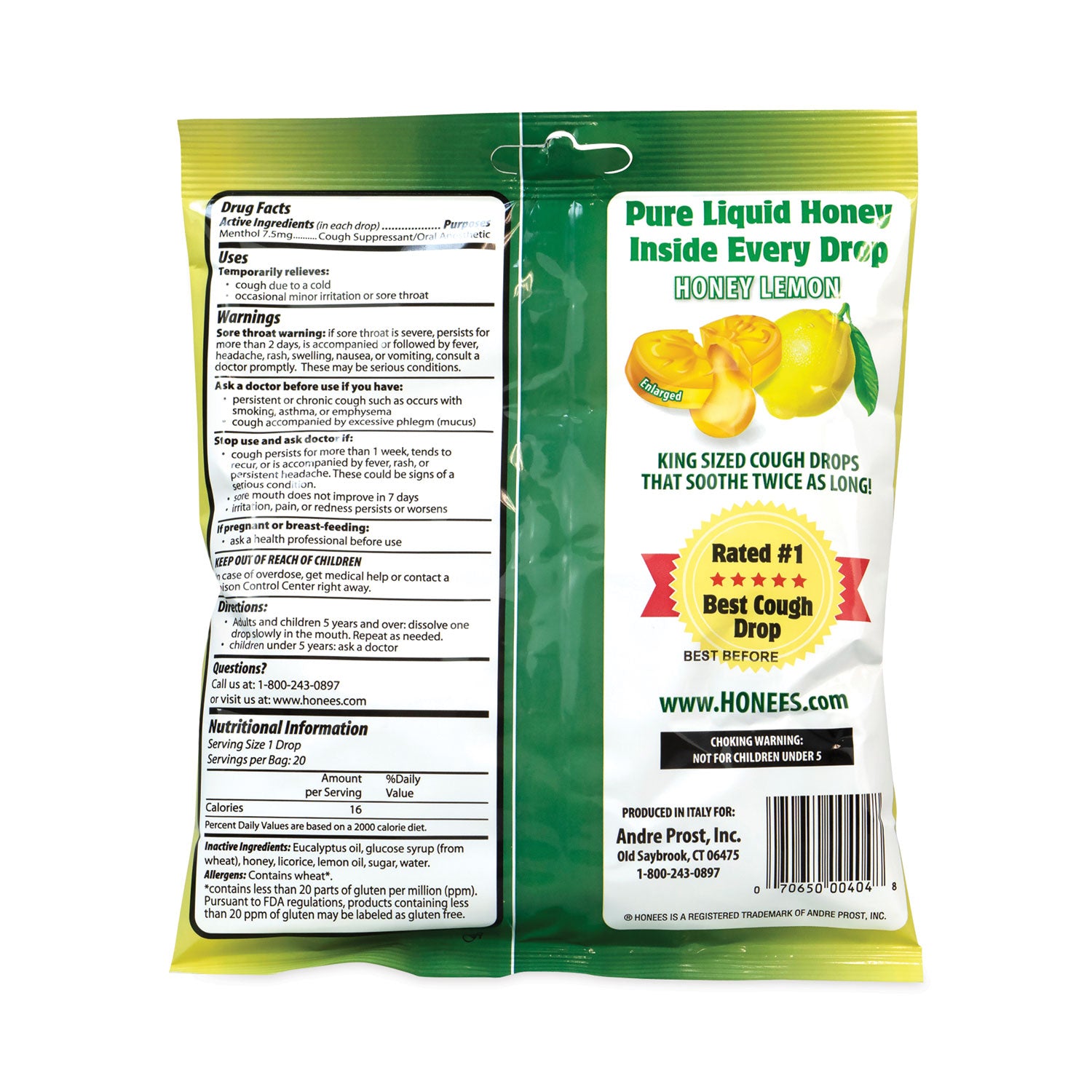 For Sore Throat, Cough, Cold, Nasal Congestion - Honey Lemon - 20/Bag - 6 / Carton