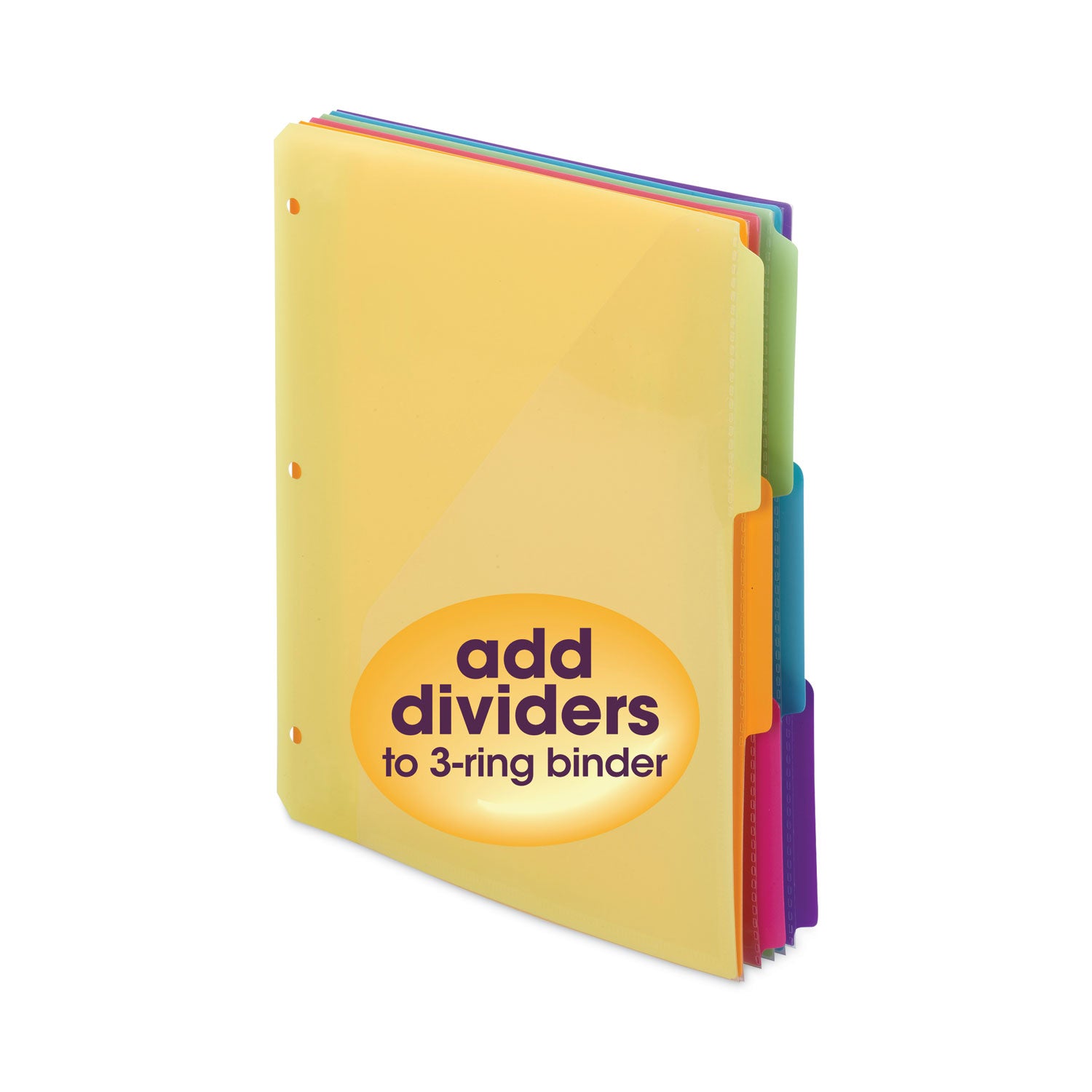 Assorted Tab(s) - 1/3 - Letter - 8.50" Width x 11" Length - 3 Hole Punched - Yellow, Orange, Pink, Green, Blue, Purple Divider - Poly Tab(s) - Acid-free, Hole-punched, Heavyweight, Durable, Pocket, Tear Resistant, Water Resistant - 30 / Box