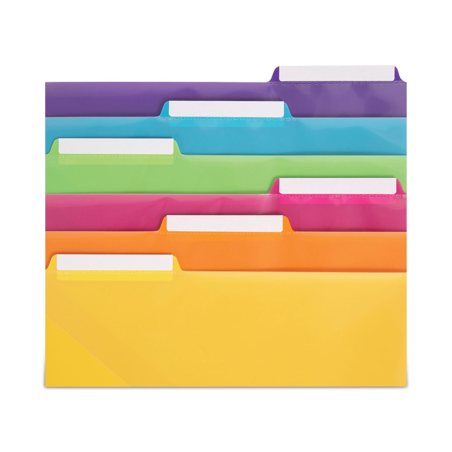 Assorted Tab(s) - 1/3 - Letter - 8.50" Width x 11" Length - 3 Hole Punched - Yellow, Orange, Pink, Green, Blue, Purple Divider - Poly Tab(s) - Acid-free, Hole-punched, Heavyweight, Durable, Pocket, Tear Resistant, Water Resistant - 30 / Box