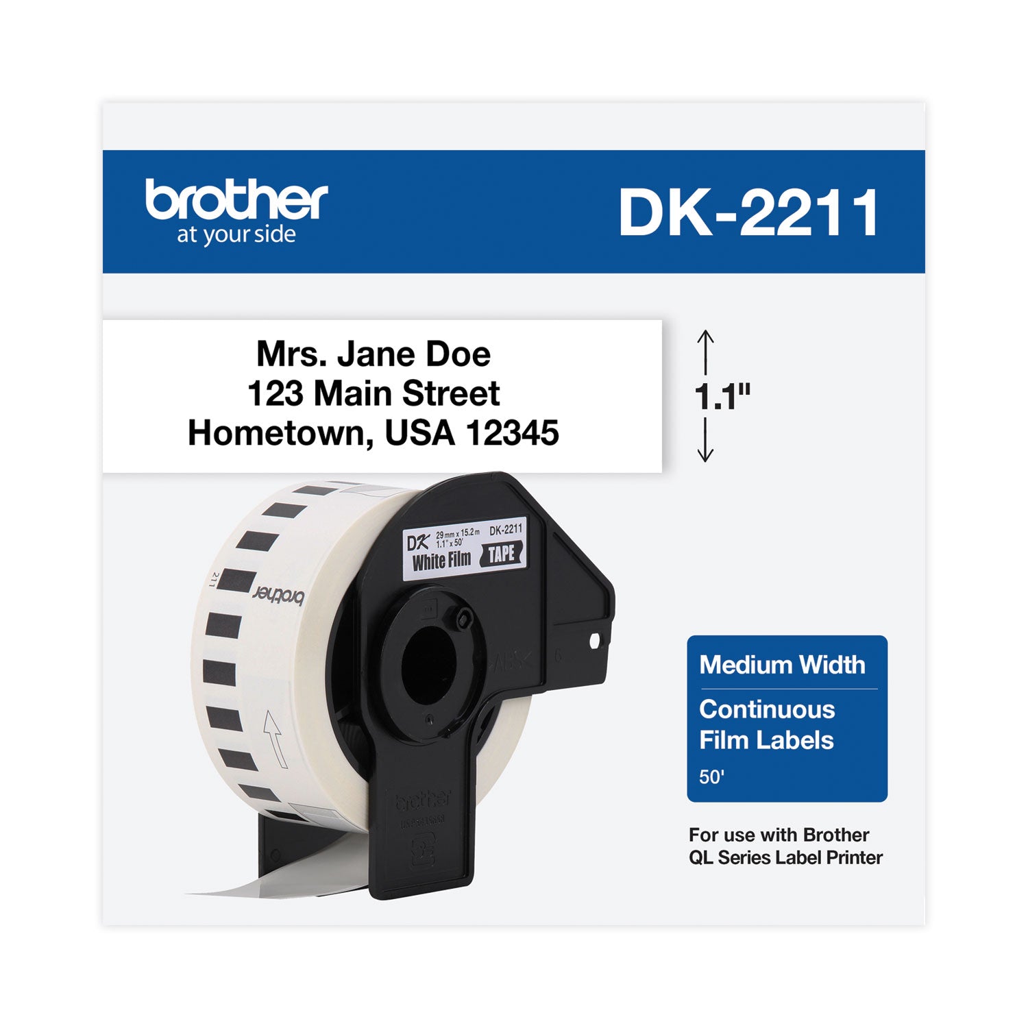 Brother Continuous Length White Film DK Tape - 1 9/64" Width x 50 ft Length - Removable Adhesive - Direct Thermal - White - Jam-free - 1 Roll