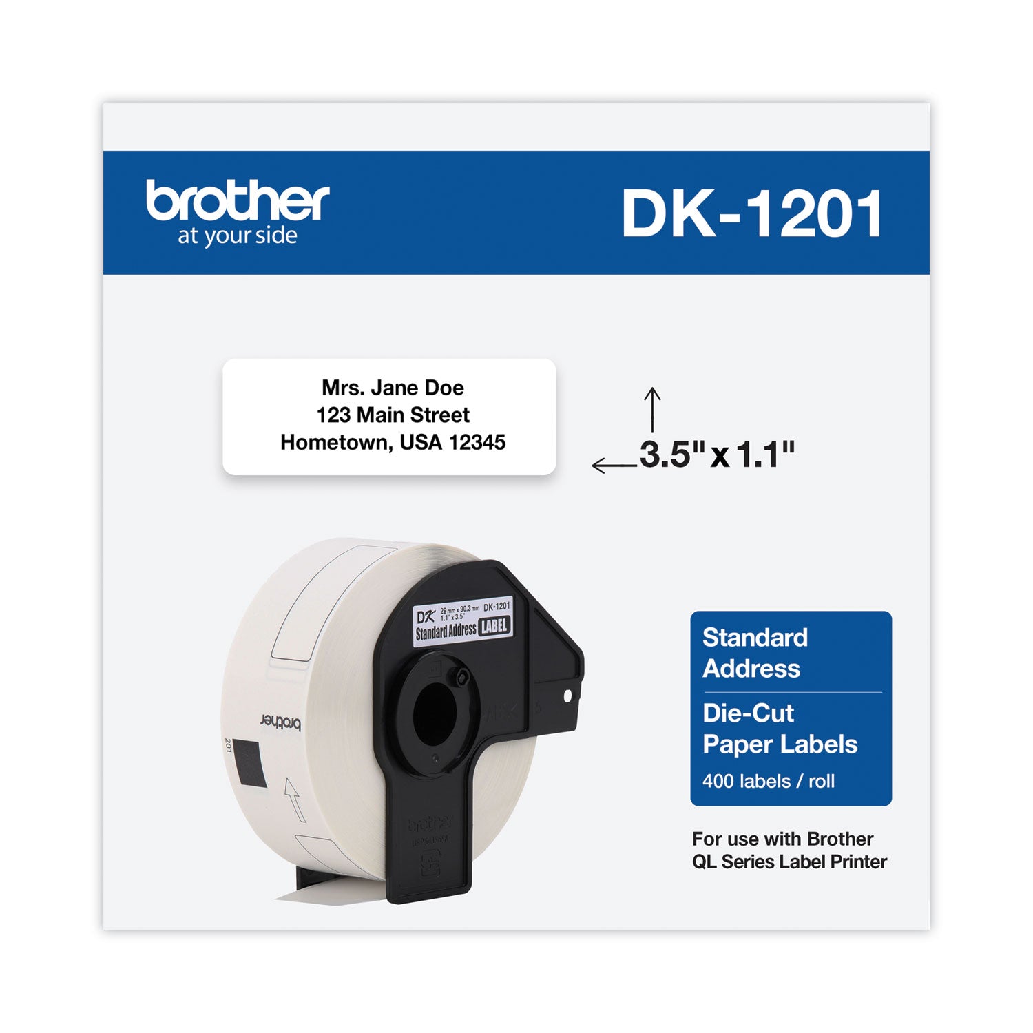 Brother Standard Address Paper Labels - 3 9/64" Width x 1 9/64" Length - Direct Thermal - White - Paper - Die-cut - 400 / Roll - 1 Roll