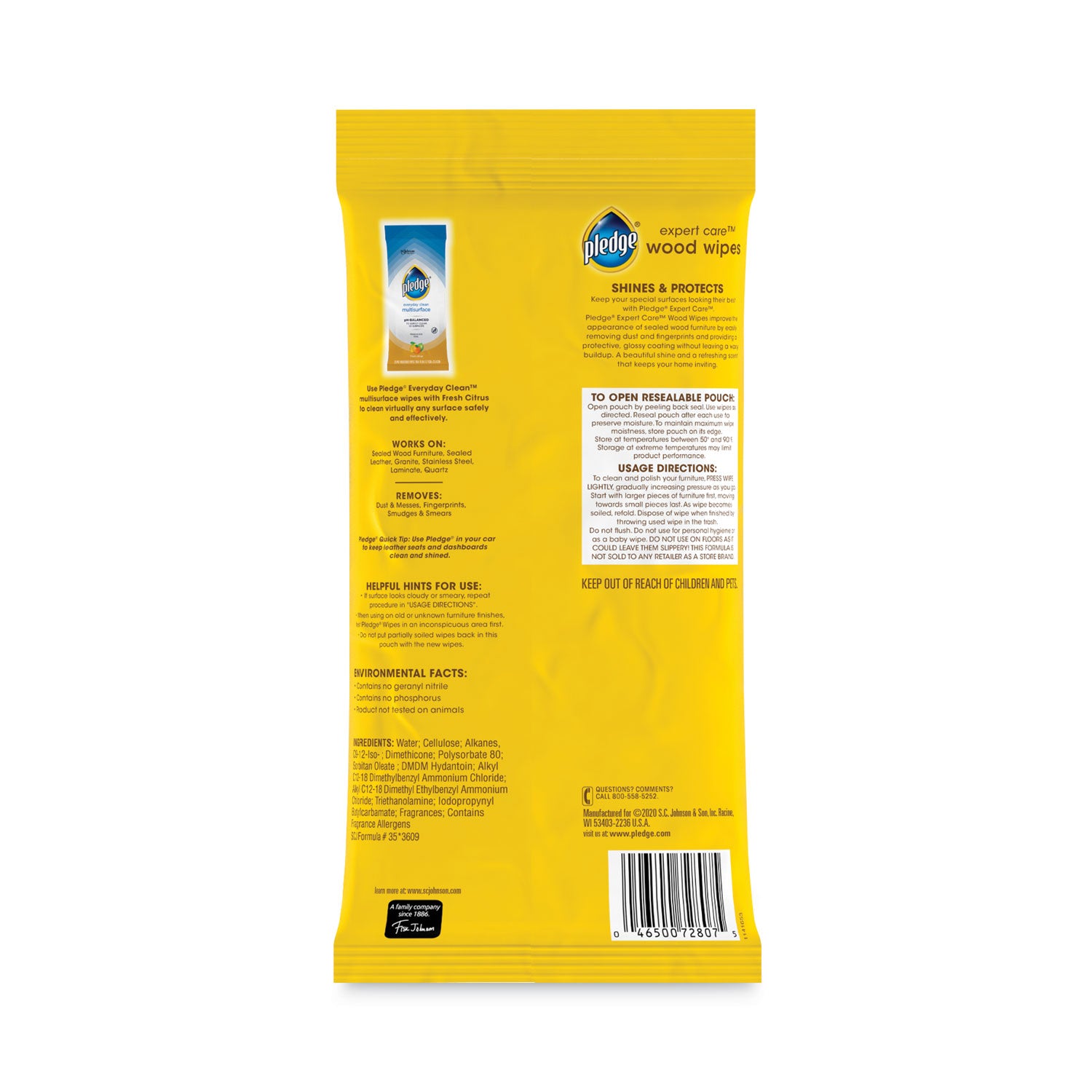 Pledge Lemon Enhancing Polish Wipes, Lemon Scent, Pre-moistened, Wax-free, Yellow, 7" x 10", 24 Pack