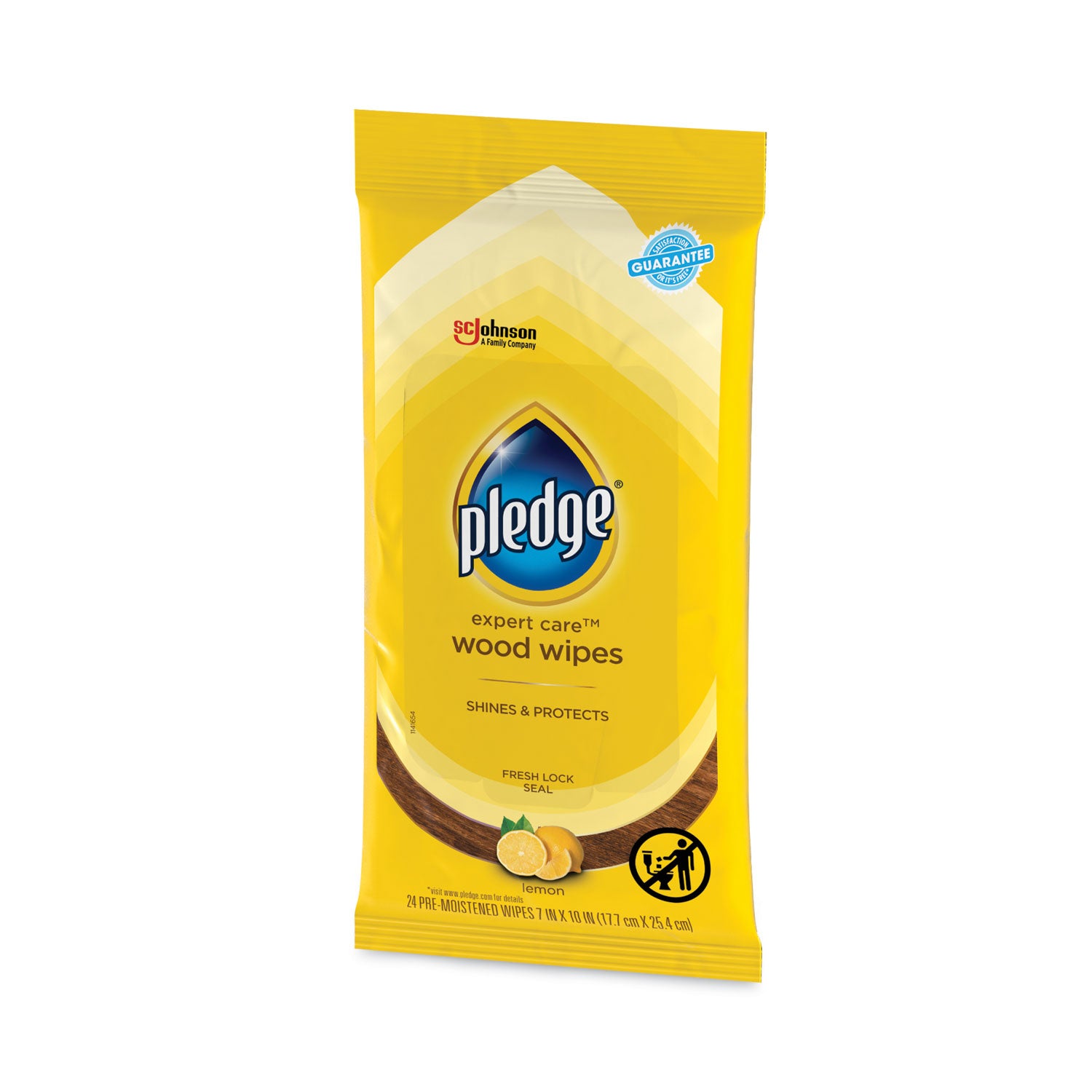 Pledge Lemon Enhancing Polish Wipes, Lemon Scent, Pre-moistened, Wax-free, Yellow, 7" x 10", 24 Pack