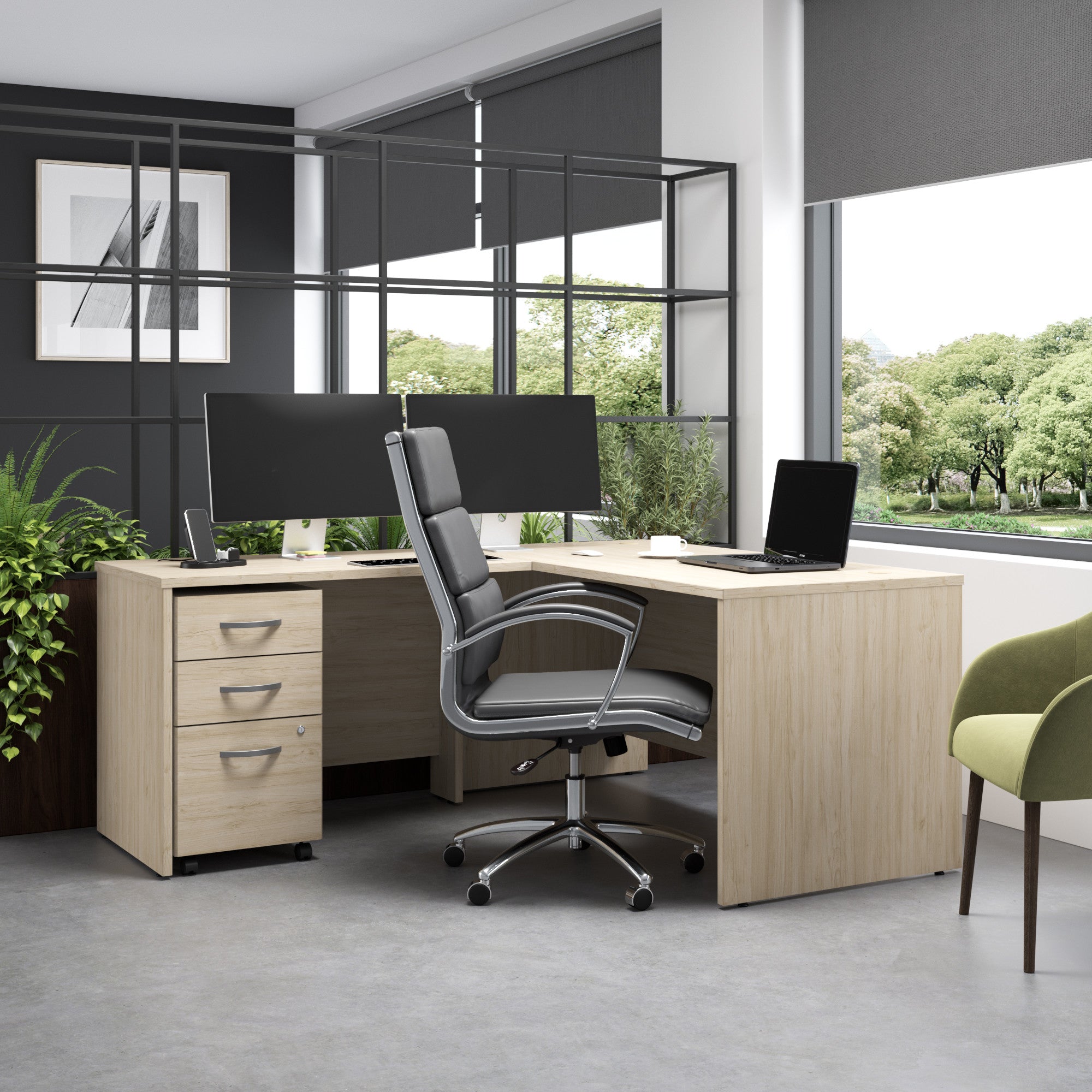 Bush Business Furniture Studio C 60W x 30D L Shaped Desk with Mobile File Cabinet in Natural Elm - 59.45" Width x 71.02" Depth x 29.84" Height