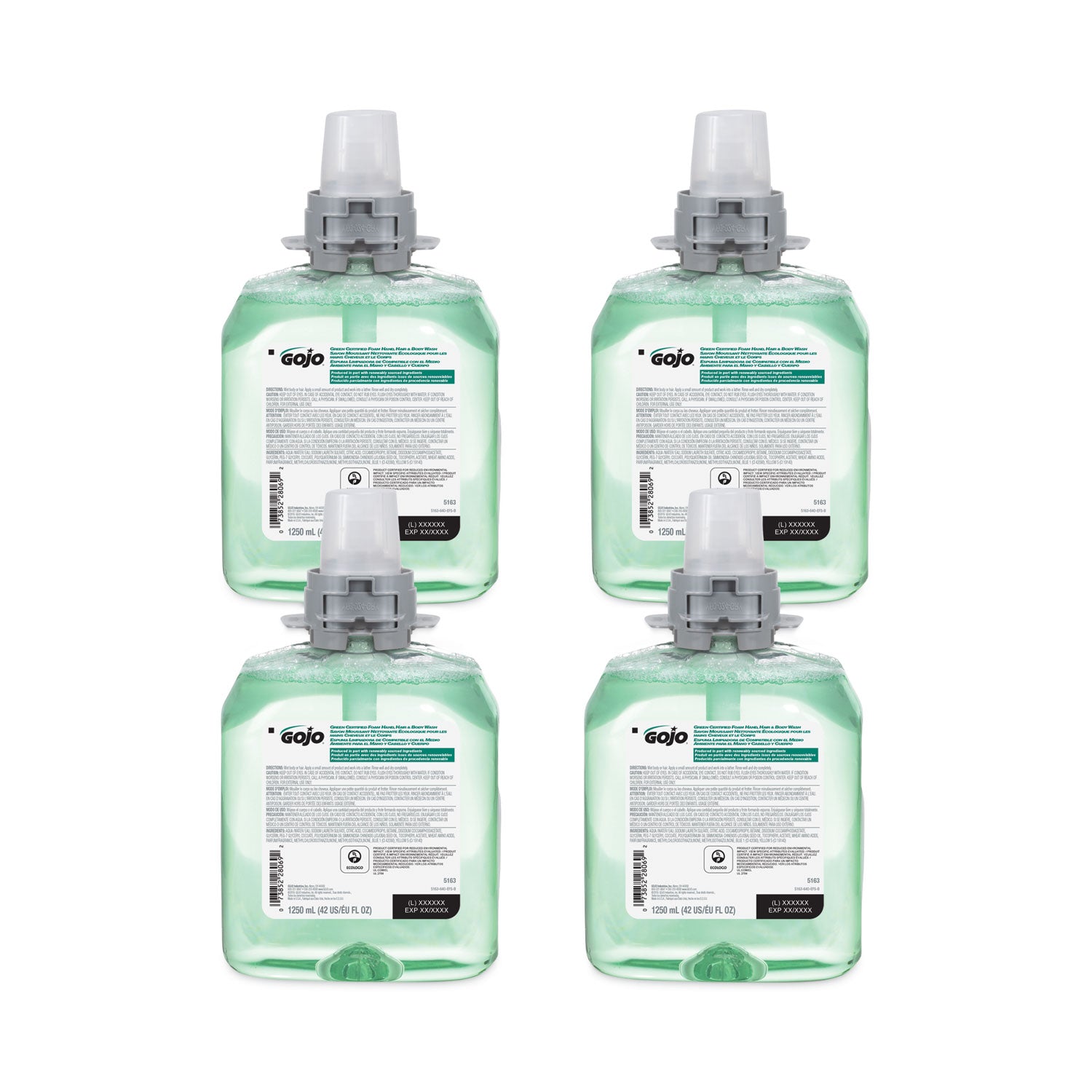 Gojo&reg; FMX-12 Refill Green Certified Hair/Body Wash - Cucumber Melon Scent - 42.3 fl oz (1250 mL) - Kill Germs - Body, Hair - Green - Residue-free - 4 / Carton