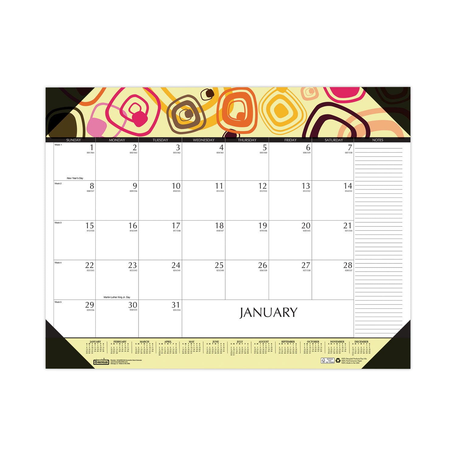 Julian Dates - Monthly - 12 Month - January 2026 to December 2026 - 22" x 17" Sheet Size - Desk Pad, Desk - Multicolor - Geometric Design, Planing Calendar, Printed, Reinforced Corner - 1 Each