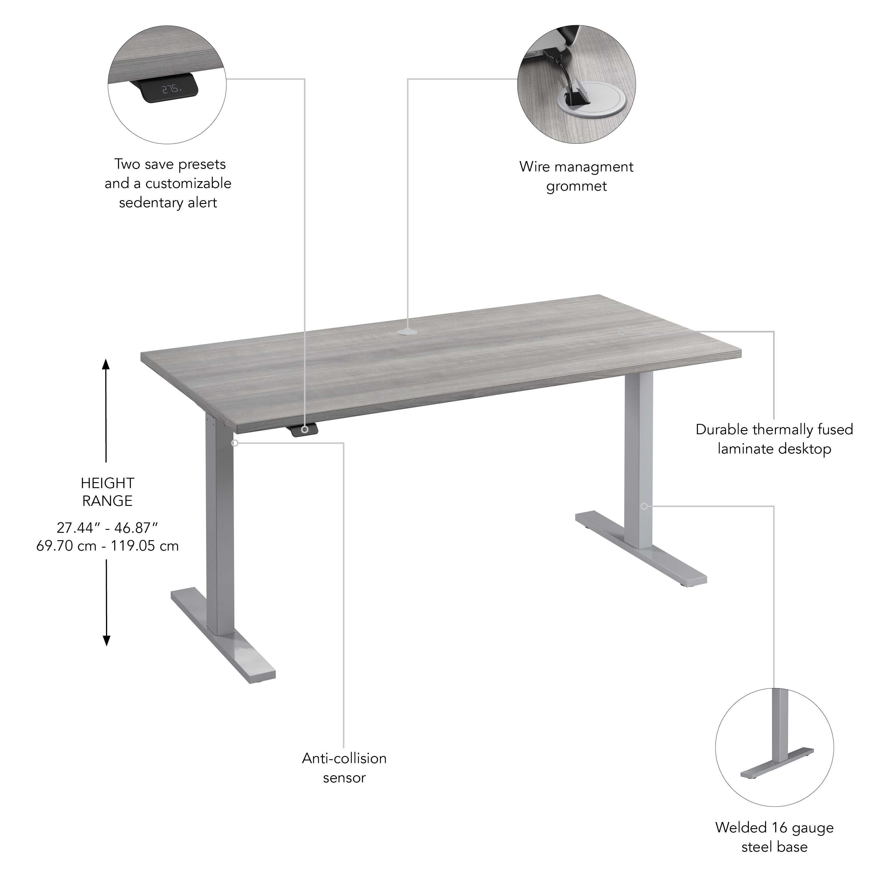 Bush Business Furniture Move 60 Series 60W x 30D Electric Height Adjustable Standing Desk in Platinum Gray with Metallic Gray Base - 59.45" Width x 29.37" Depth x 47.69" Height