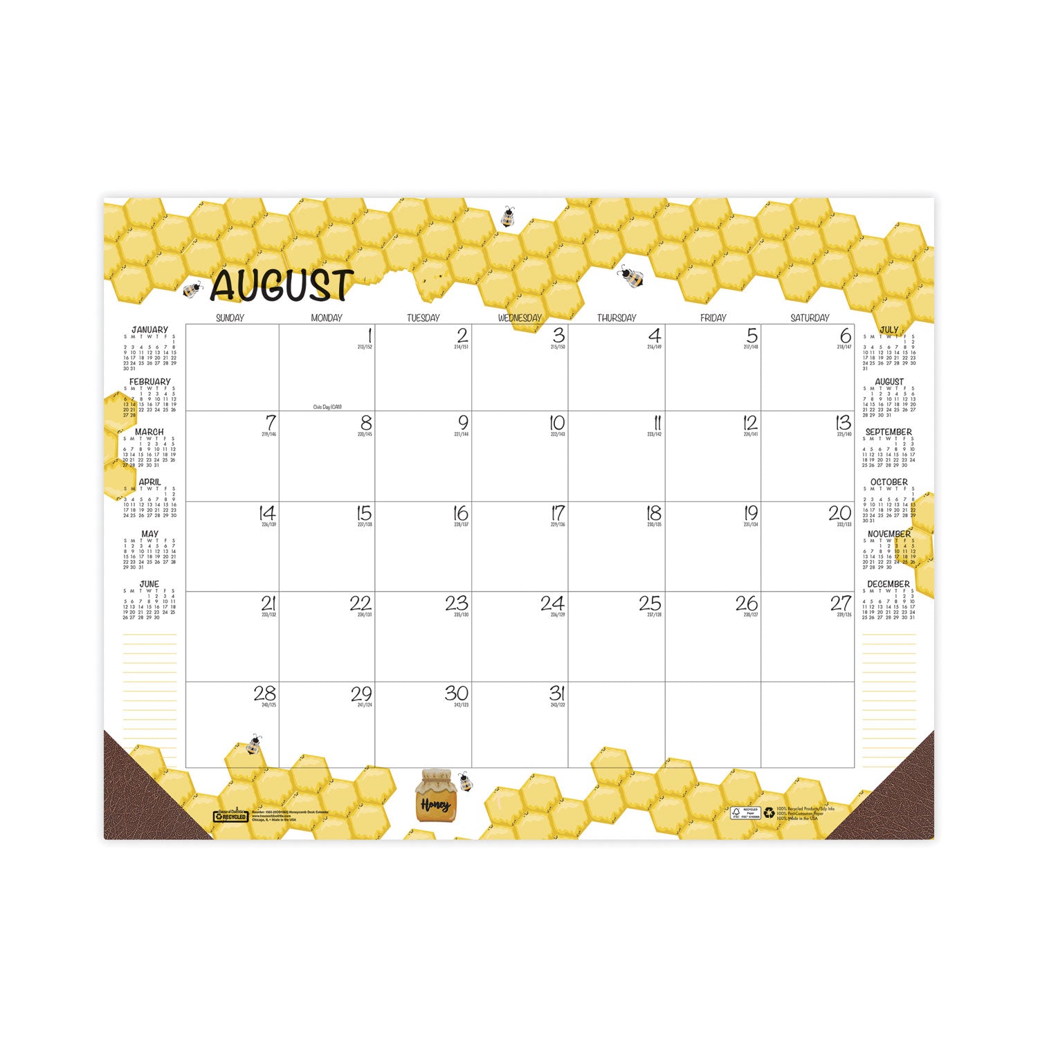 Academic - Julian Dates - Monthly - 12 Month - August 2025 to July 2026 - 22" x 17" Sheet Size - Multicolor/White Sheet - 2.38" x 2.50" Block - Glue Top - Desk Pad - Yellow - Paper - Notes Area, Reinforced Corner, Printed, Daily Block - 1 Each