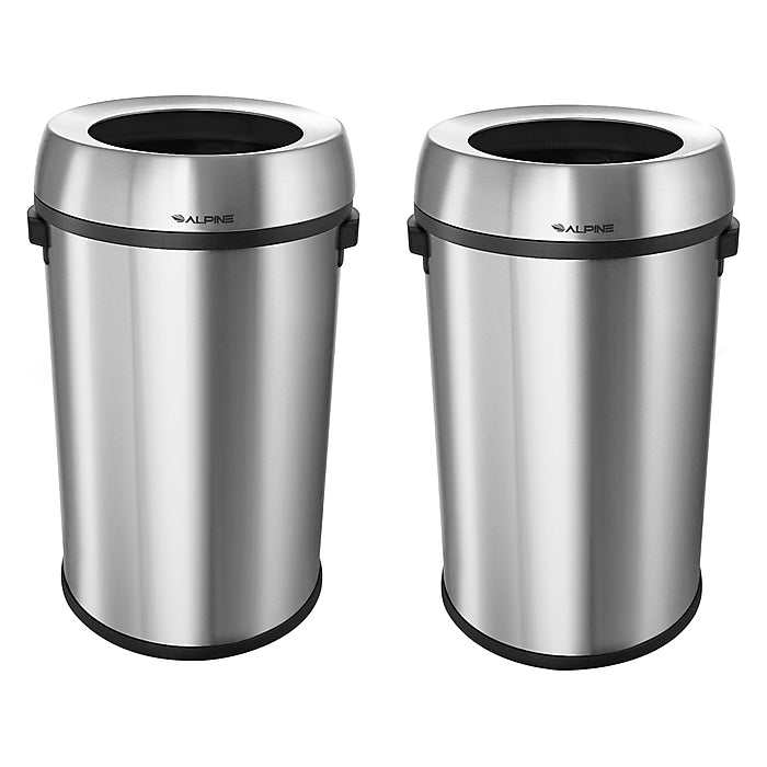 Alpine Industries 17 Gal. Stainless Steel Heavy-Gauge Brushed Open Top Commercial Trash Can 2 pack