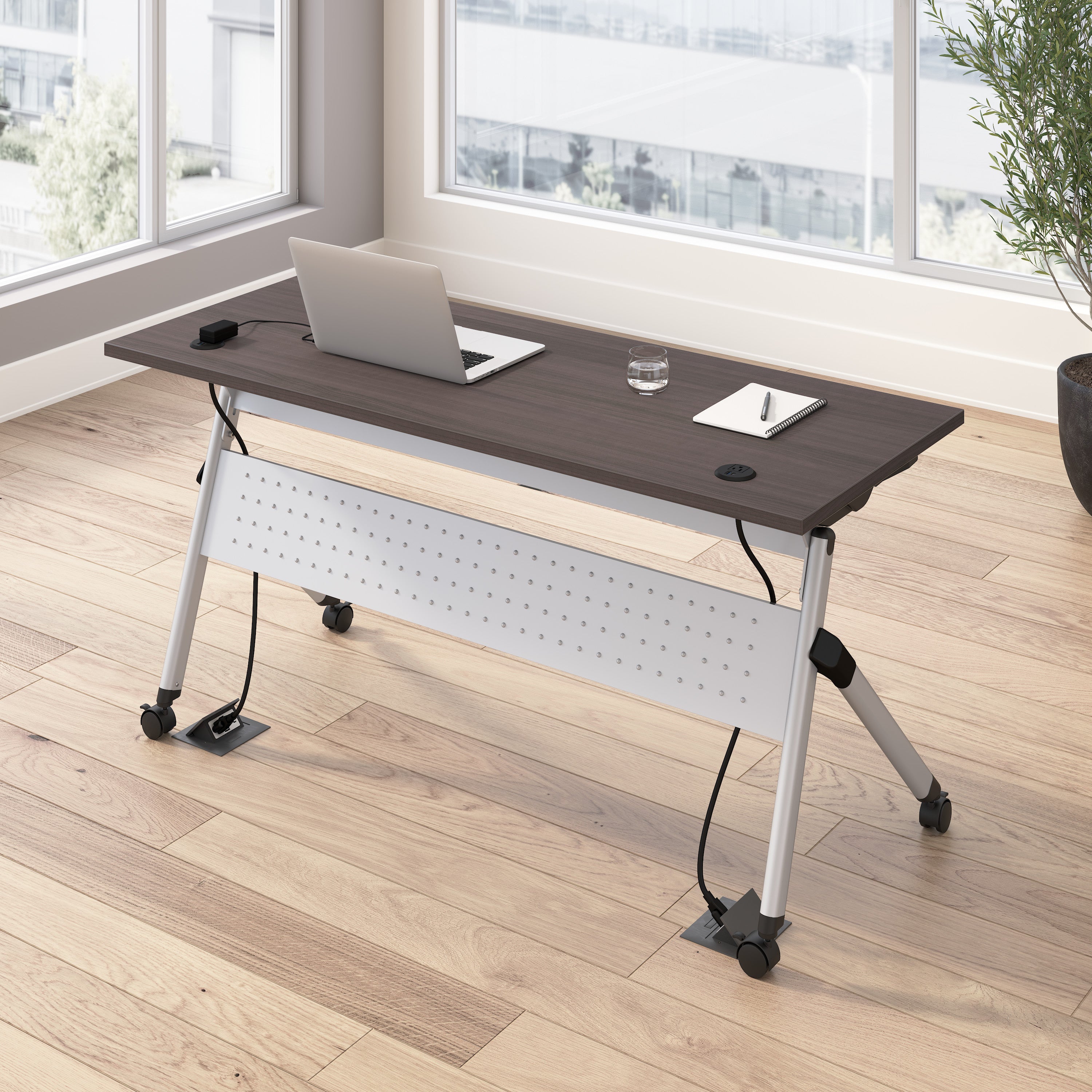 Bush Business Furniture Envision 60W Folding Training Table with Powered Grommets in Storm Gray - 59.45" Width x 23.54" Depth x 29.62" Height