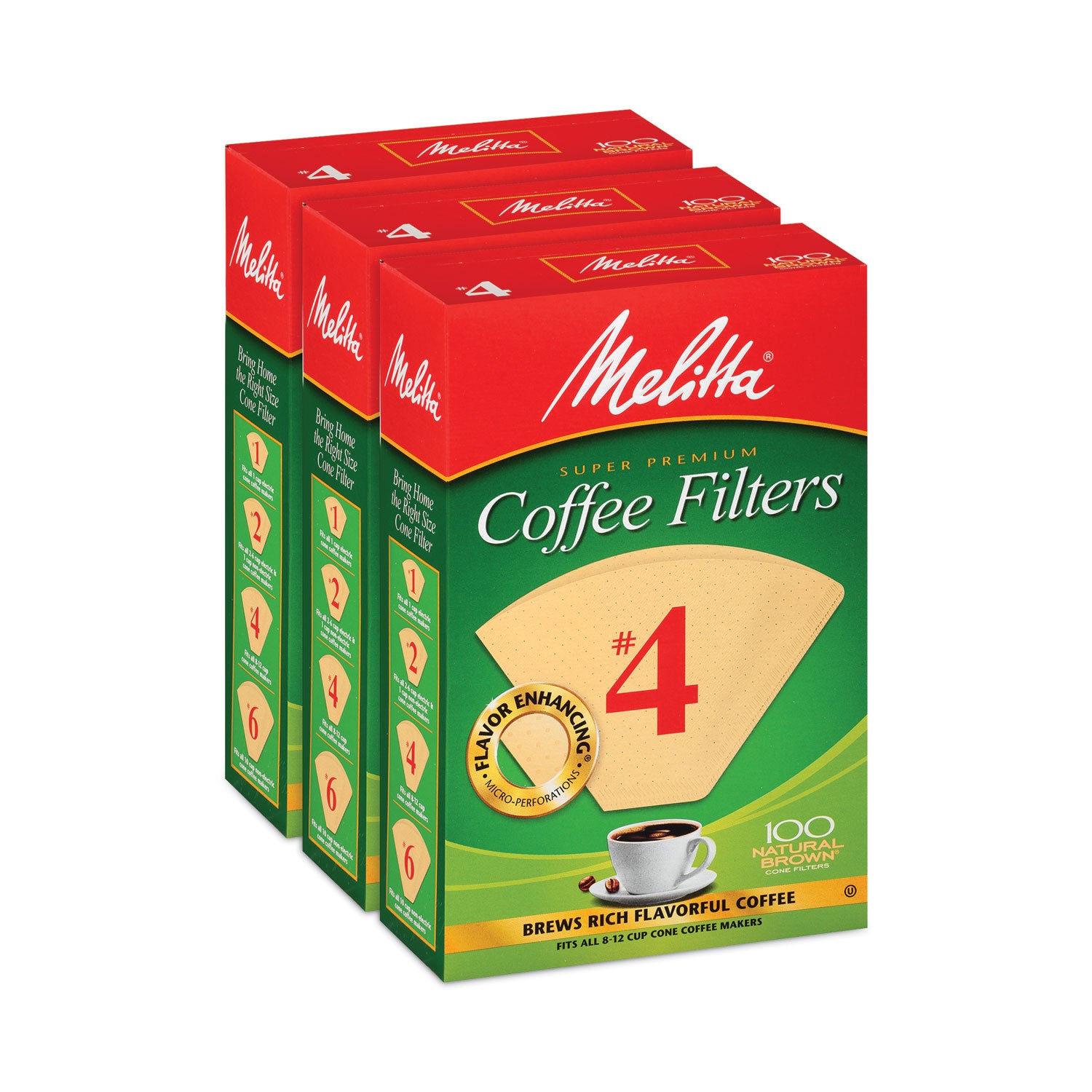 #4 Size - 100 Filter(s) - 12 Cup(s) - Cone - Micro Perforated, Double Crimped, Chlorine-free, Gluten-free, Burst Resistant - 100 Filters/Box - 3 / Pack