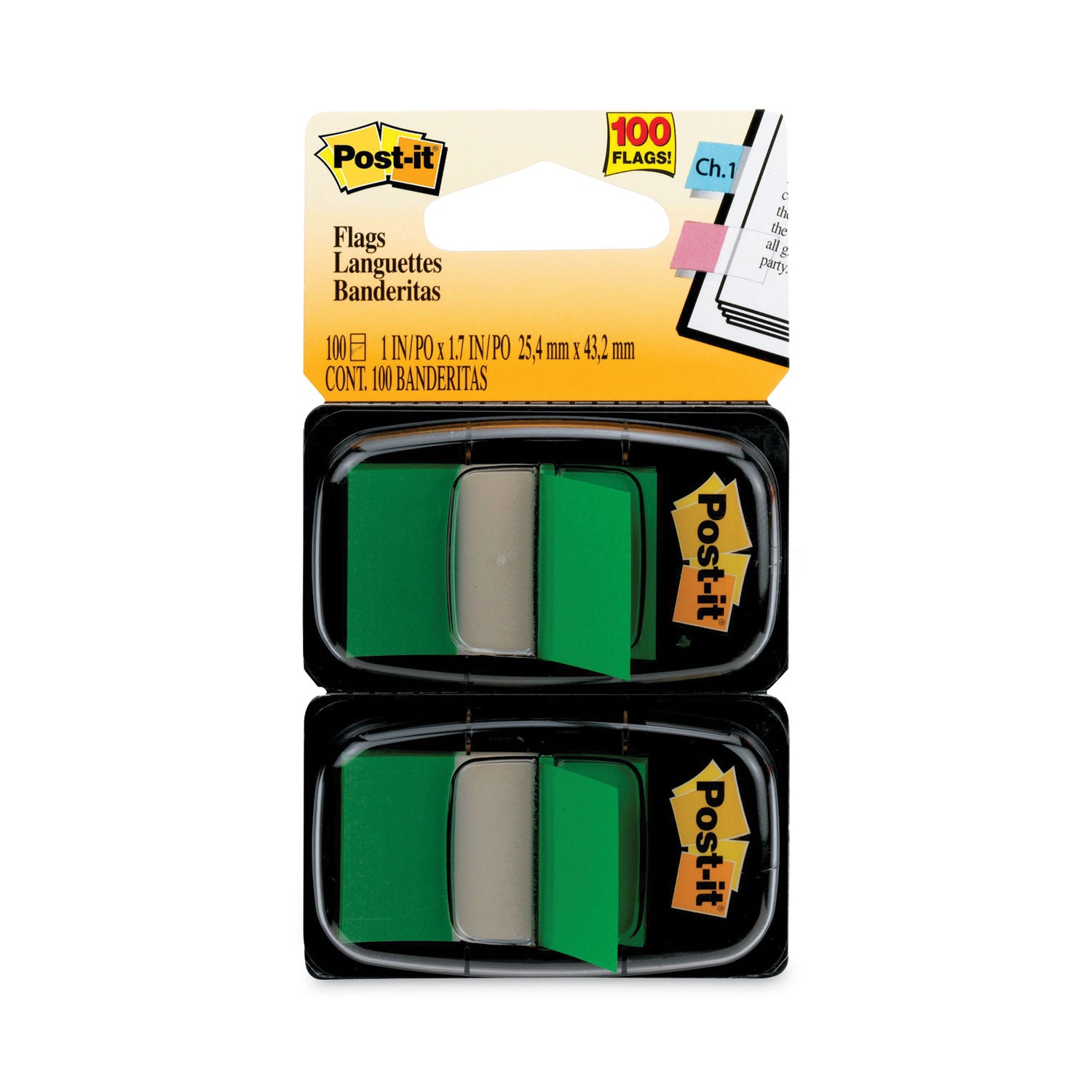 Post-it&reg; Flags - 100 x Green - 1" Flag/Note Width x 1 3/4" Flag/Note Length - Rectangle - Unruled - Green - Removable - Dispenser Included - 1 Pack