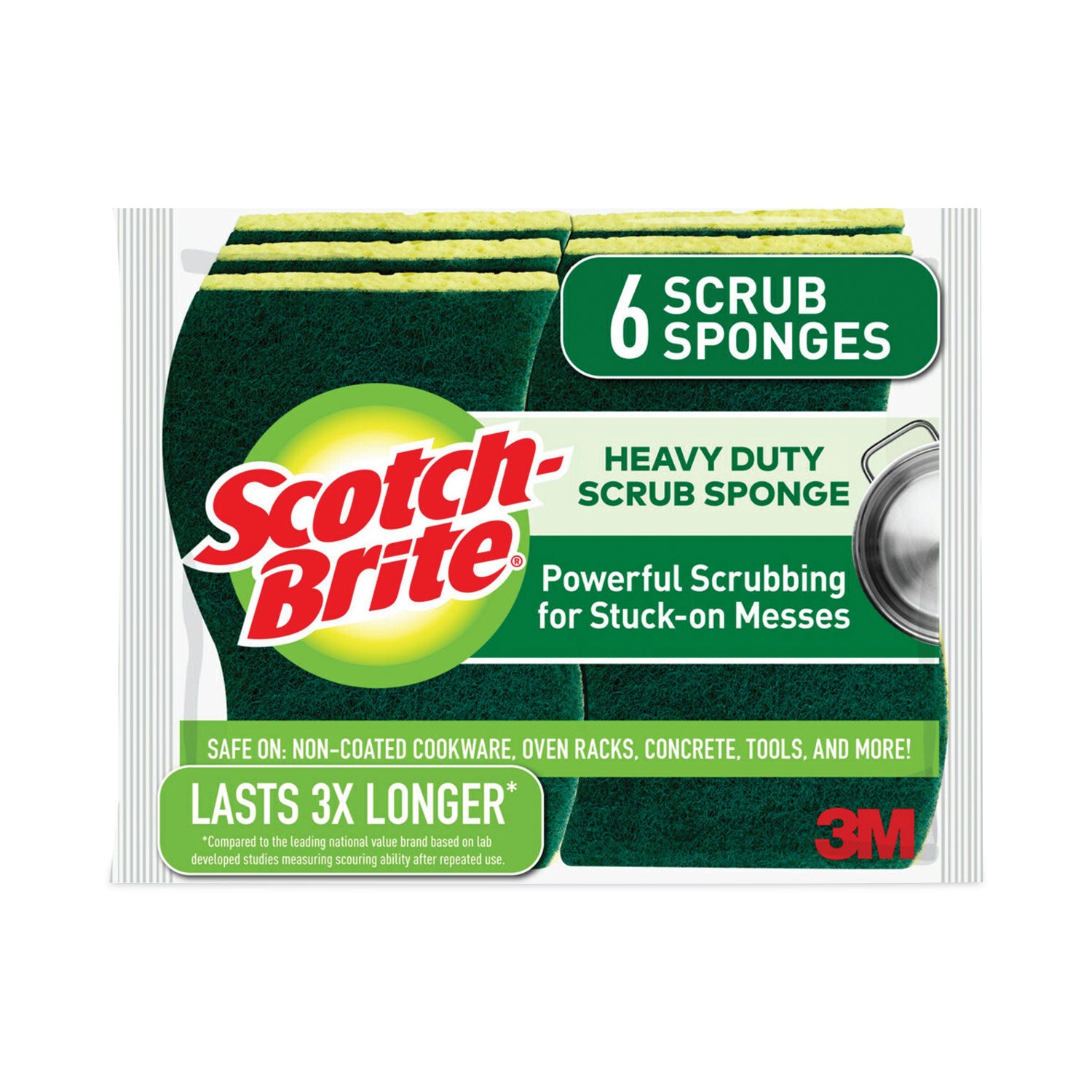 Scotch-Brite Heavy-Duty Scrub Sponges - 2.8" Height x 4.5" Width x 0.6" Depth - 6 / Pack - Green, Yellow