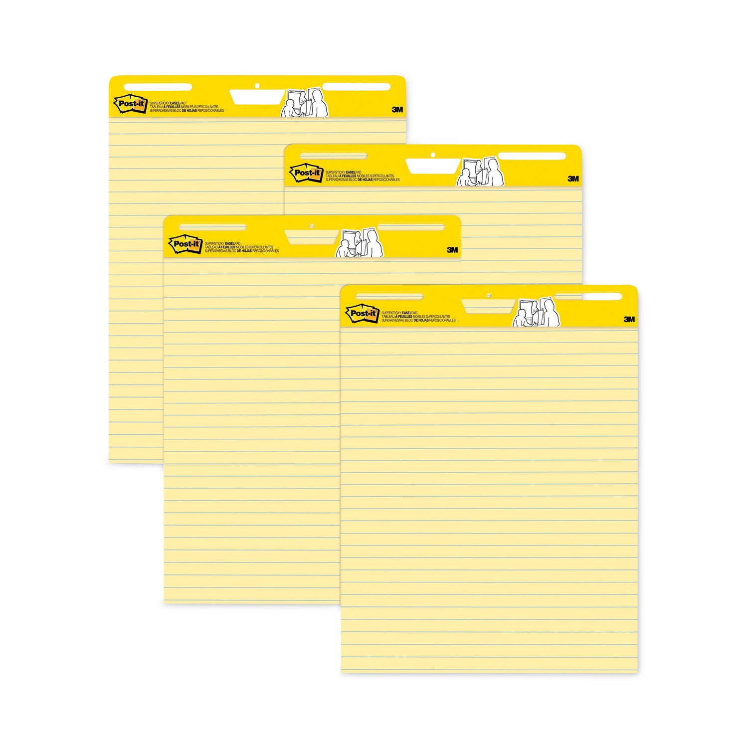 Post-it Super Sticky Easel Pad, 25" x 30", Canary Yellow, Feint Blue Margin, 30 Sheets per Pad, 4 Pads per Pack, Stapled, Self-adhesive, Perforated, Repositionable, Sturdy Back, Cardboard Cover