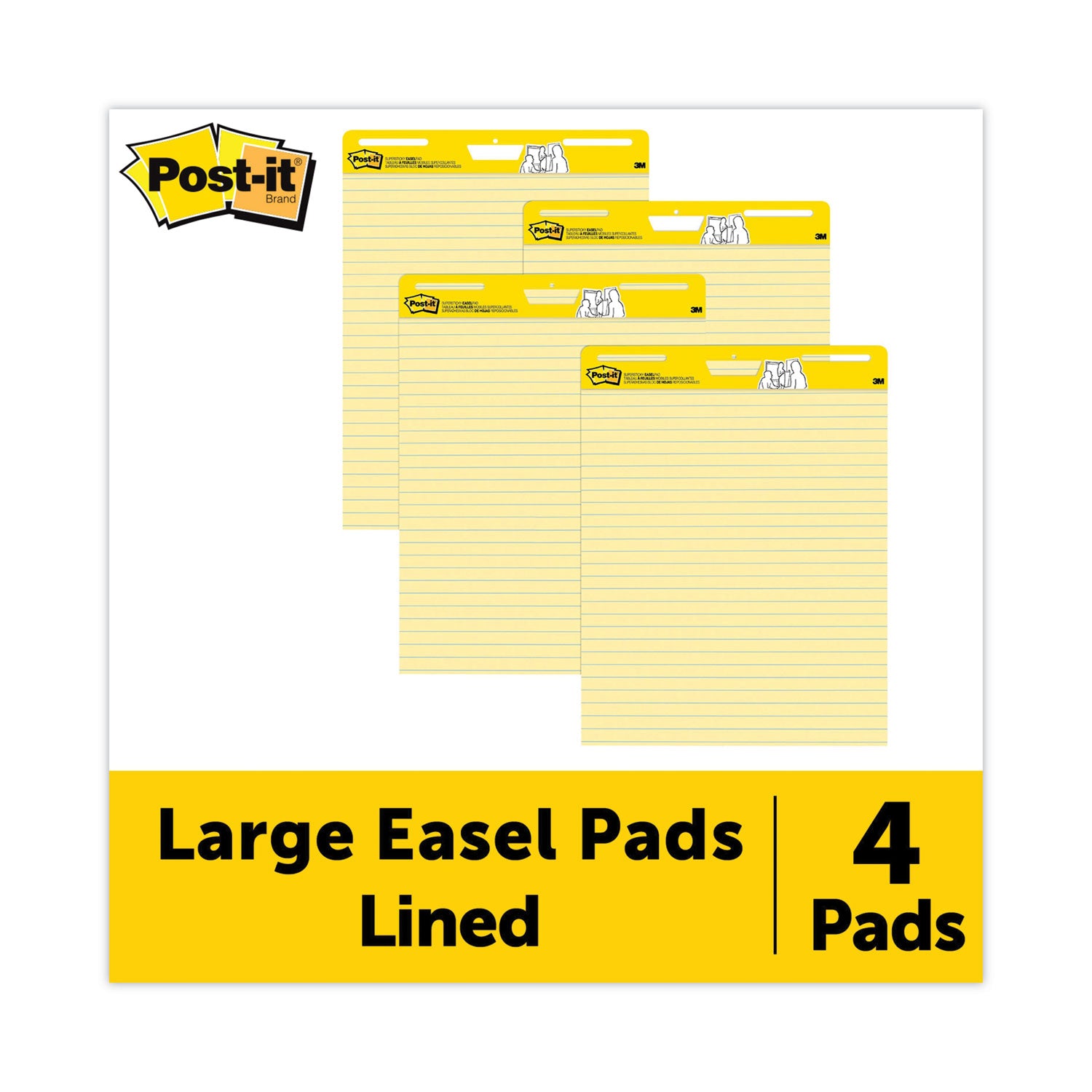 Post-it Super Sticky Easel Pad, 25" x 30", Canary Yellow, Feint Blue Margin, 30 Sheets per Pad, 4 Pads per Pack, Stapled, Self-adhesive, Perforated, Repositionable, Sturdy Back, Cardboard Cover