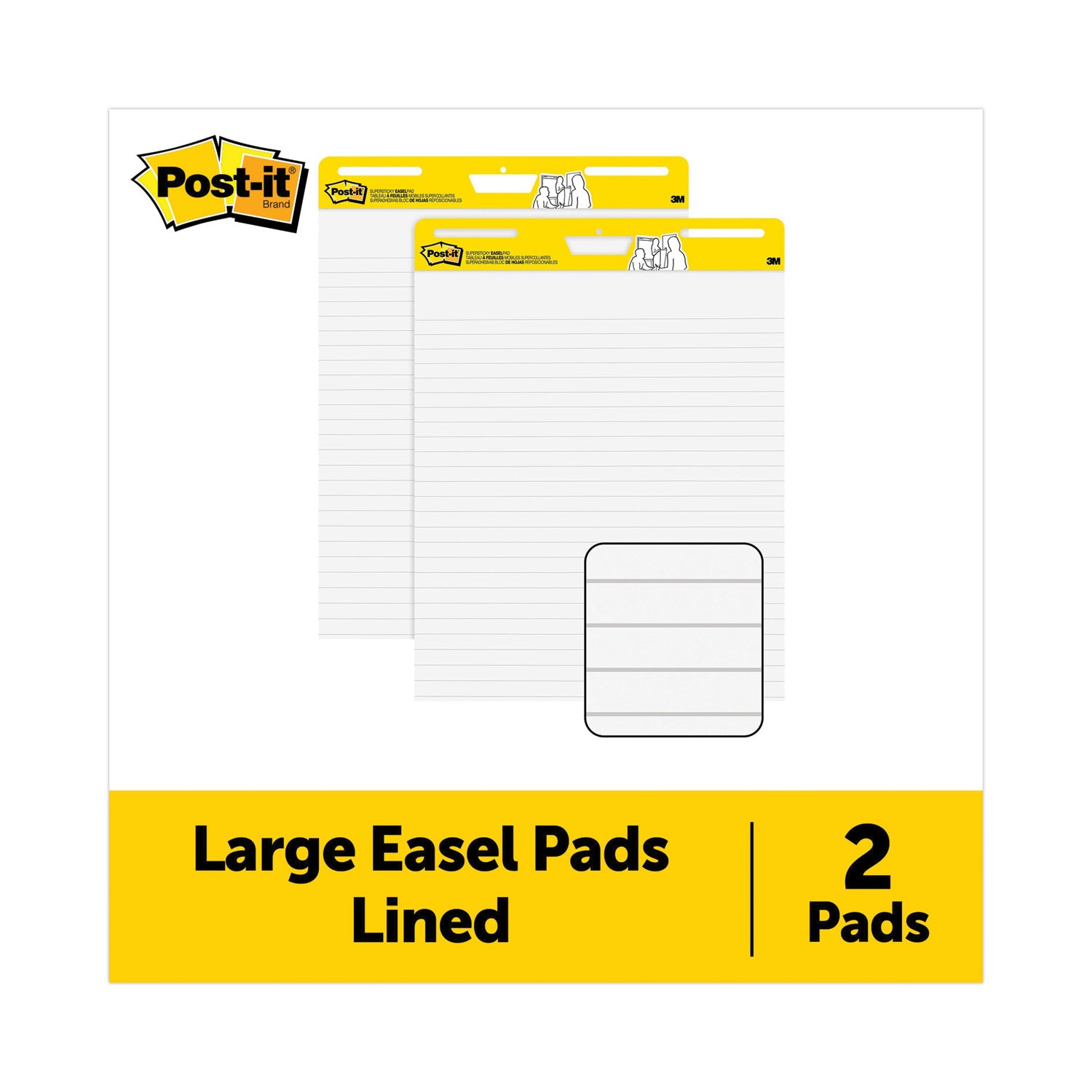 Post-it Super Sticky Easel Pad, Ruled, 25" x 30", 30 Sheets per Pad, 2 Pads per Carton, Self-Stick, Repositionable, Bleed-Resistant, Handle, Sturdy Backcard, Universal Slot, Adhesive Backing