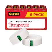 Scotch Transparent Tape - 3/4"W - 27.78 yd Length x 0.75" Width - 1" Core - Clear - Moisture Resistant, Stain Resistant, Long Lasting - For Mending, Packing, Multipurpose, Wrapping, Label Protection - 6 / Pack