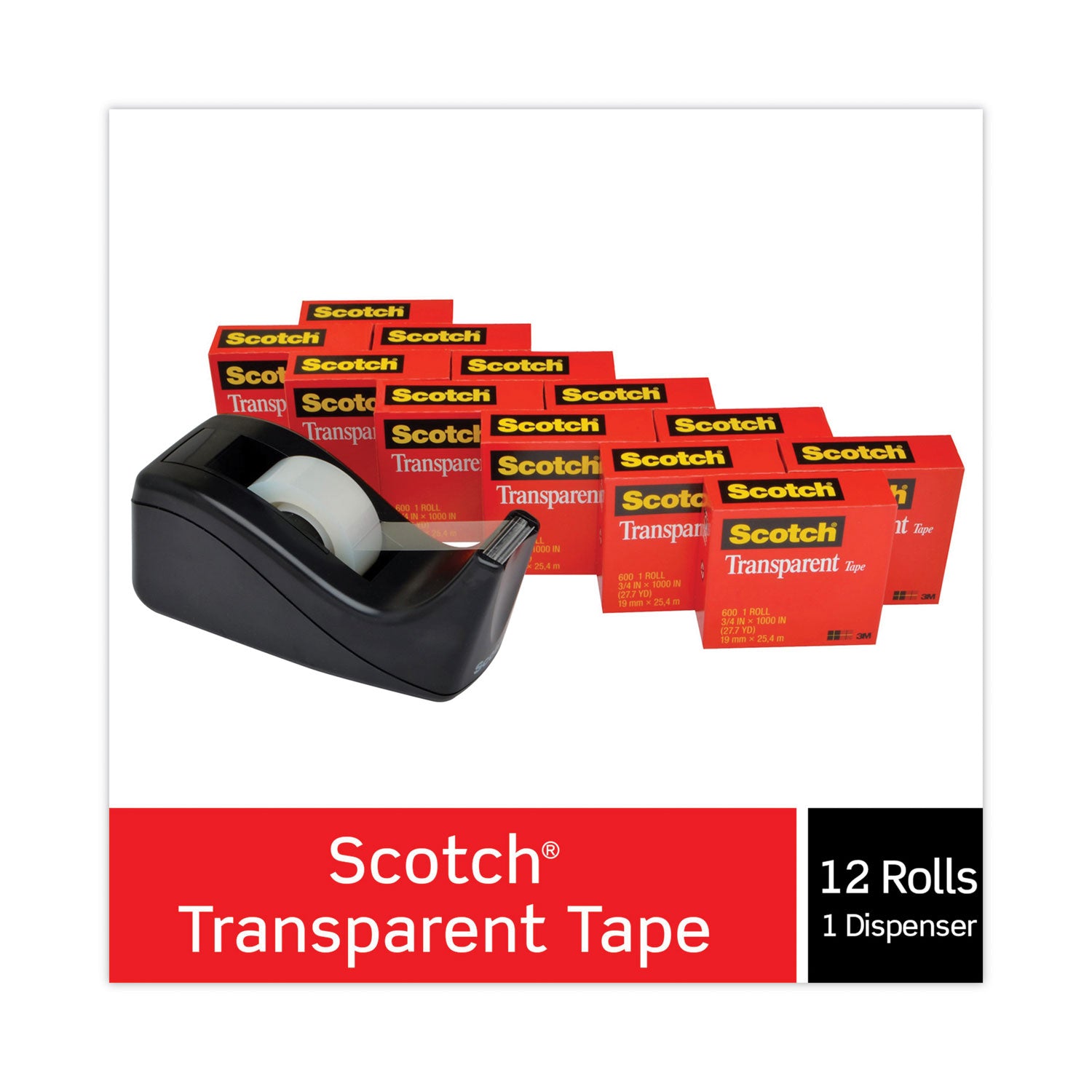 27.78 yd Length x 0.75" Width - 1" Core - Clear - Dispenser Included - Desktop Dispenser - Moisture Resistant, Stain Resistant, Long Lasting - For Multipurpose, Label Protection, Wrapping, Mending - 12 / Pack