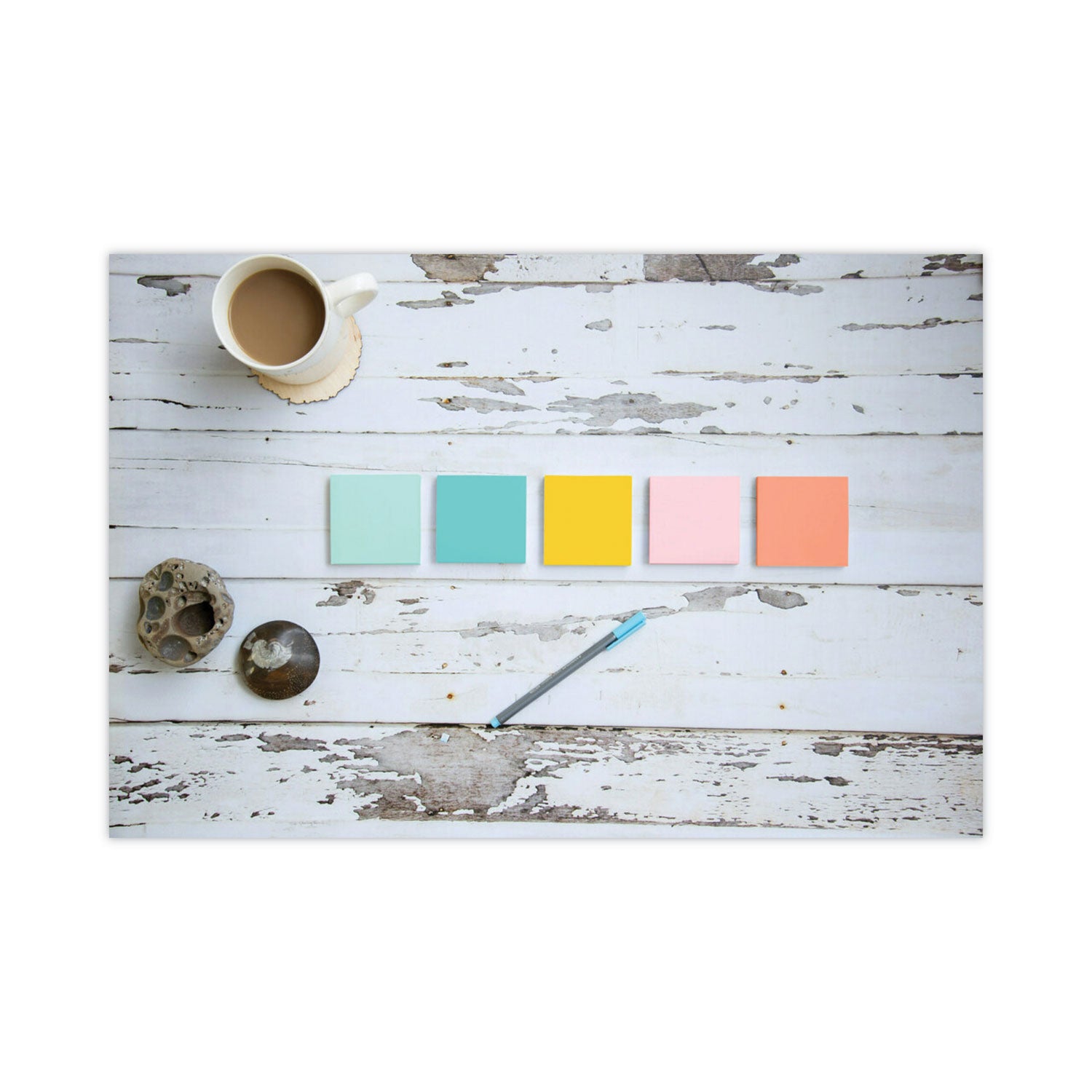 Post-it Notes Beachside Café Color Collection, 3" x 3", Square, 100 Sheets per Pad, 12 Pads/Pack, Fresh Mint, Aqua Splash, Sunnyside, Papaya Fizz, Guava, Self-adhesive, Repositionable