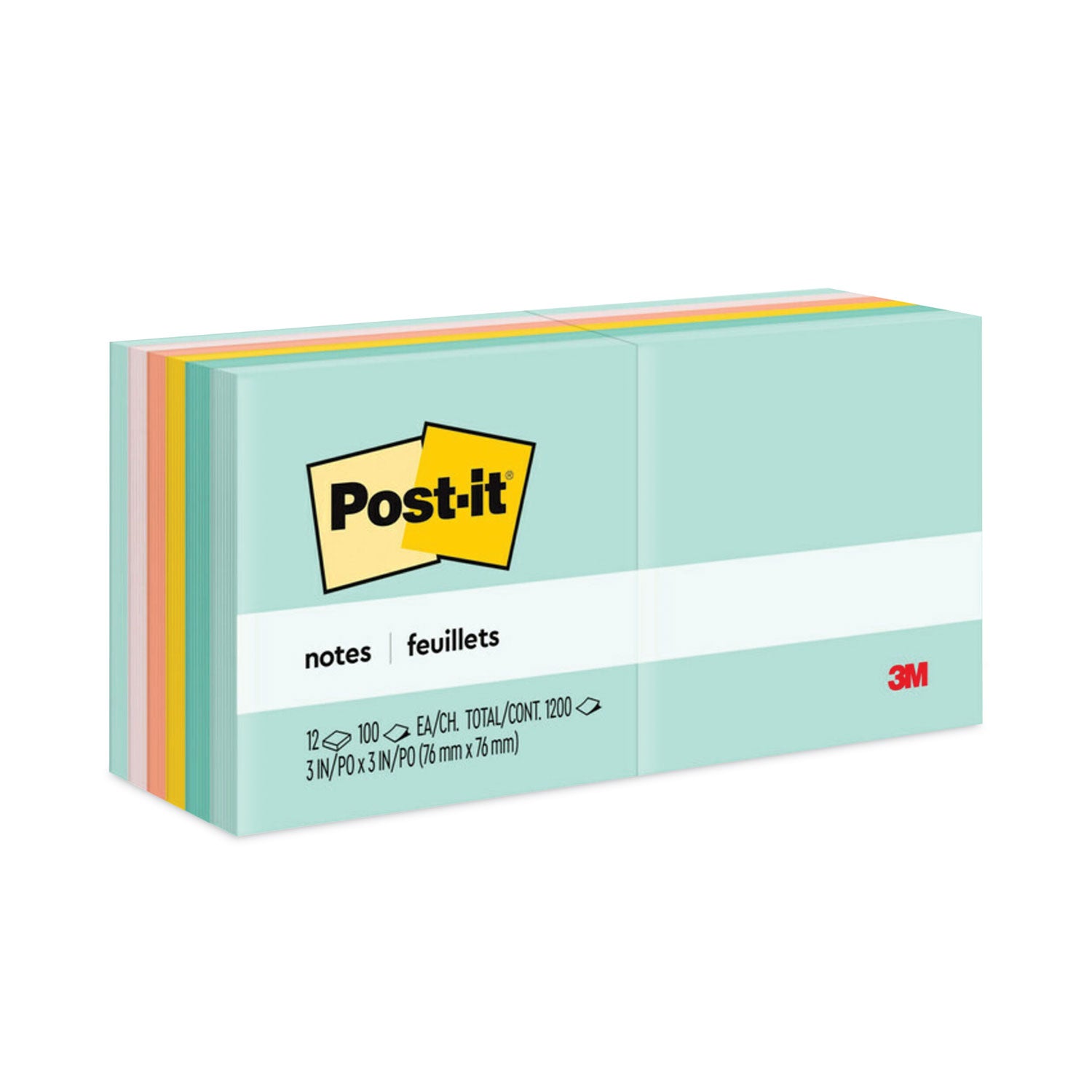 Post-it Notes Beachside Café Color Collection, 3" x 3", Square, 100 Sheets per Pad, 12 Pads/Pack, Fresh Mint, Aqua Splash, Sunnyside, Papaya Fizz, Guava, Self-adhesive, Repositionable