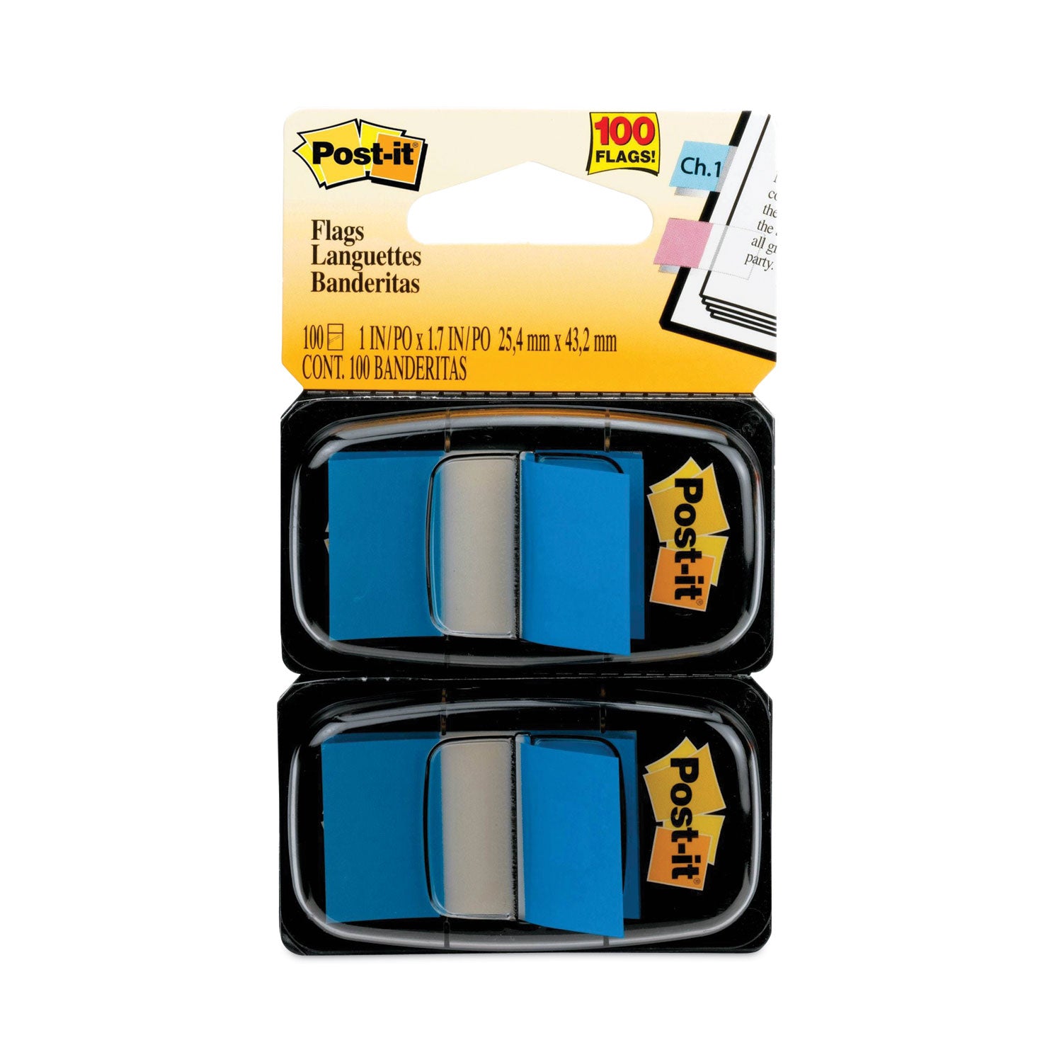 Post-it&reg; Flags - 100 x Blue - 1" Flag/Note Width x 1 3/4" Flag/Note Length - Rectangle - Unruled - Blue - Removable, Tab - Dispenser Included - 1 Pack