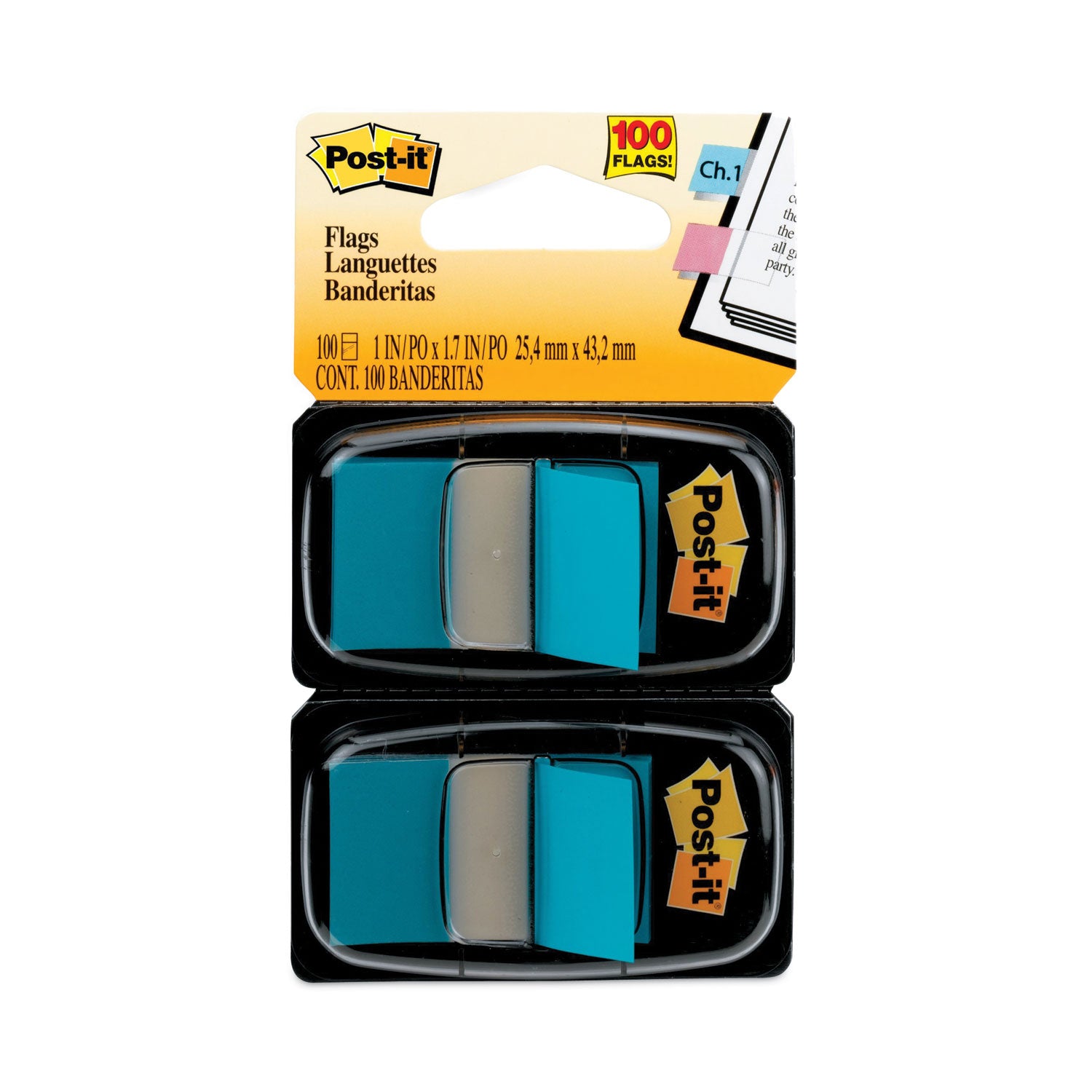 Post-it&reg; Flags - 100 x Blue - 1" Flag/Note Width x 1 3/4" Flag/Note Length - Rectangle - Unruled - Blue - Removable, Tab - Dispenser Included - 1 Pack