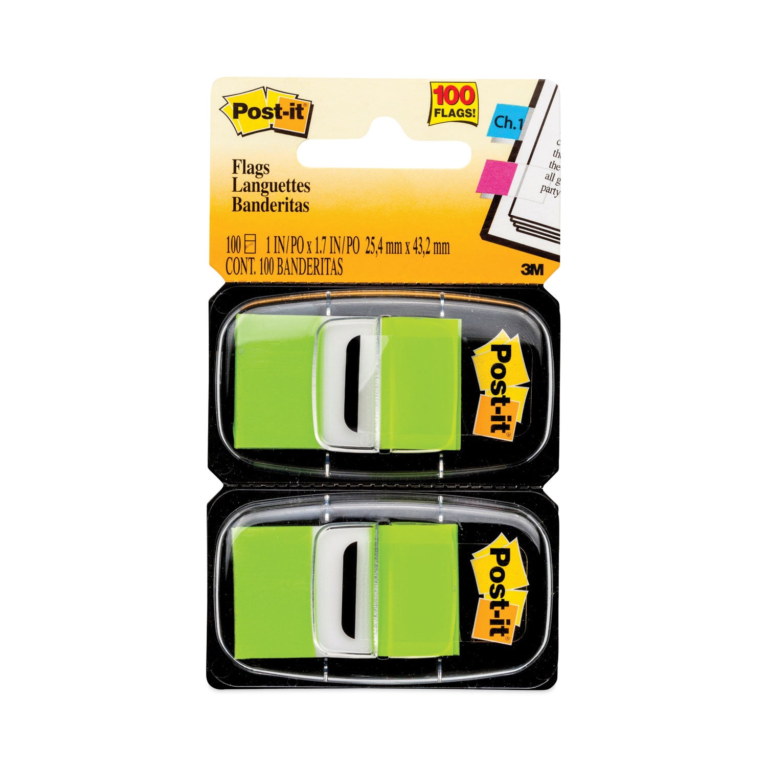 Post-it&reg; Flags - 100 x Bright Green - 1" Flag/Note Width x 1 3/4" Flag/Note Length - Rectangle - Unruled - Green - Removable, Self-adhesive - Dispenser Included - 1 Pack