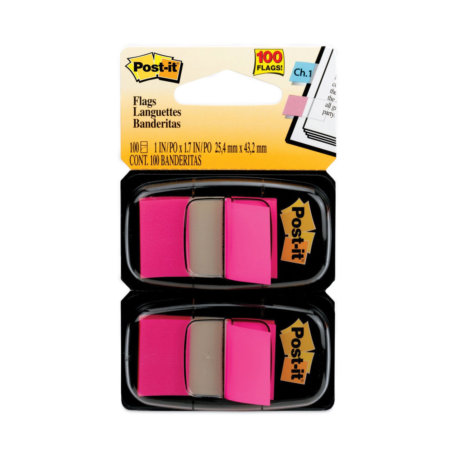Post-it&reg; Flags - 100 x Bright Pink - 1" Flag/Note Width x 1 3/4" Flag/Note Length - Rectangle - Unruled - Pink - Removable, Self-adhesive - Dispenser Included - 1 Pack