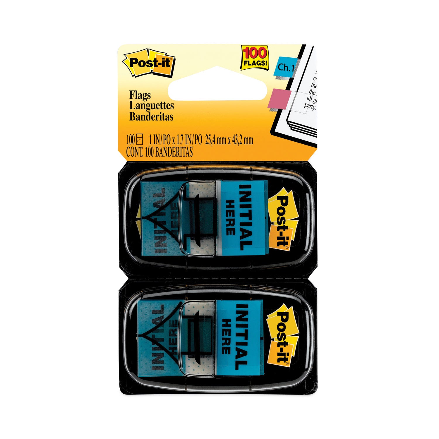 Post-it&reg; Message Flags - 100 - 1" Flag/Note Width x 1 3/4" Flag/Note Length - Arrow, Rectangle - Unruled - Initial Here - Blue - Removable, Self-adhesive - Dispenser Included - 1 Pack