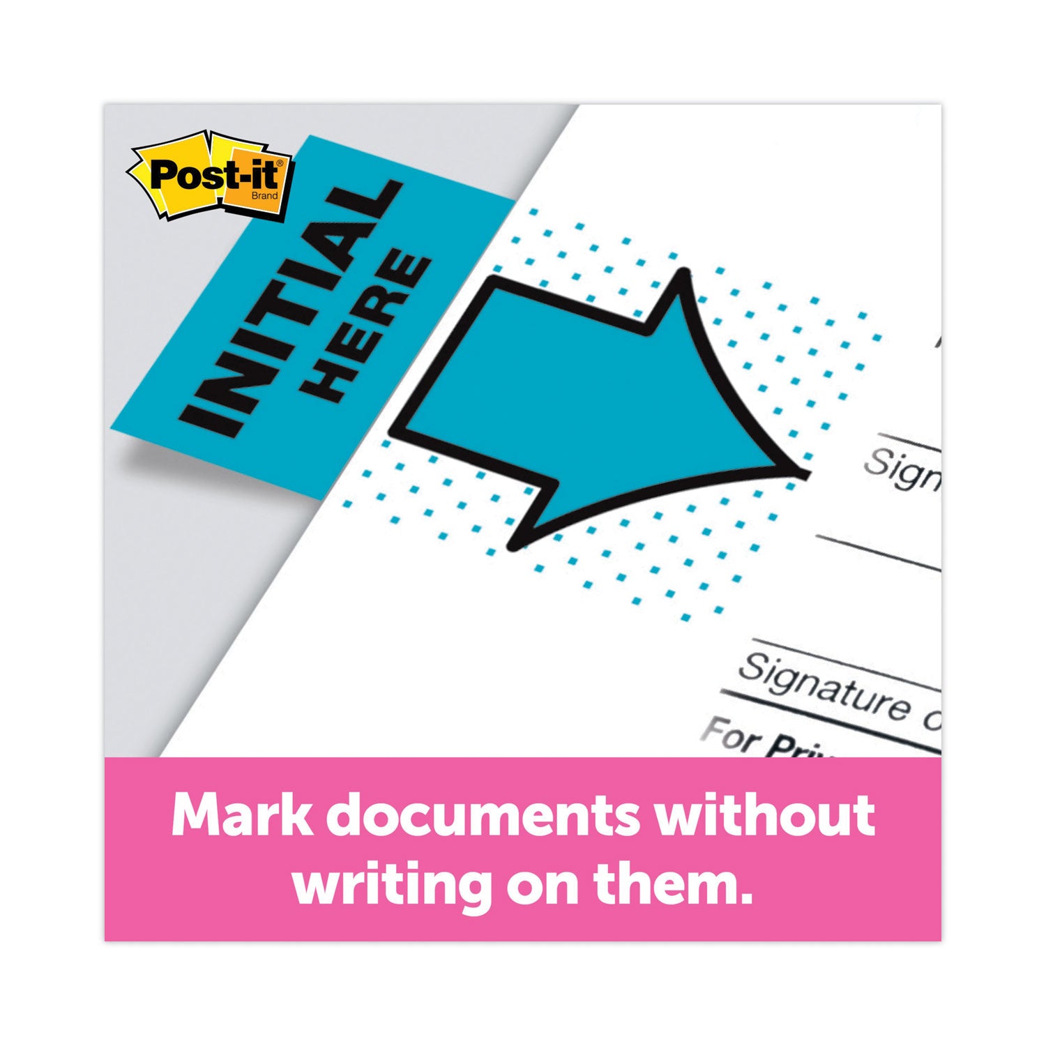 Post-it&reg; Message Flags - 100 - 1" Flag/Note Width x 1 3/4" Flag/Note Length - Arrow, Rectangle - Unruled - Initial Here - Blue - Removable, Self-adhesive - Dispenser Included - 1 Pack