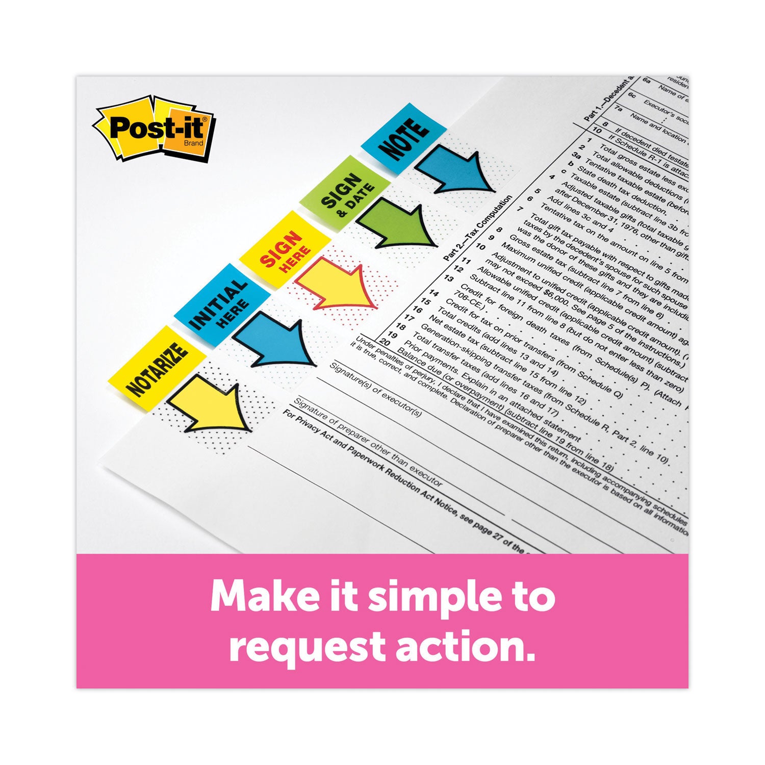 Post-it&reg; Message Flags - 100 - 1" Flag/Note Width x 1 3/4" Flag/Note Length - Arrow, Rectangle - Unruled - Notarize - Yellow - Removable, Self-adhesive - Dispenser Included - 1 Pack