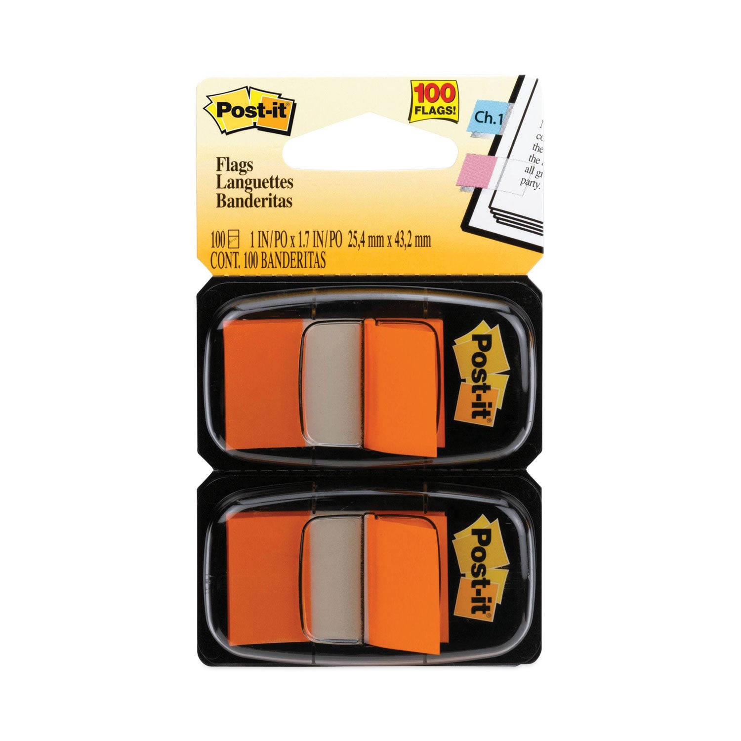 Post-it&reg; Flags - 100 x Orange - 1" Flag/Note Width x 1 3/4" Flag/Note Length - Rectangle - Unruled - Orange - Removable, Tab - Dispenser Included - 1 Pack