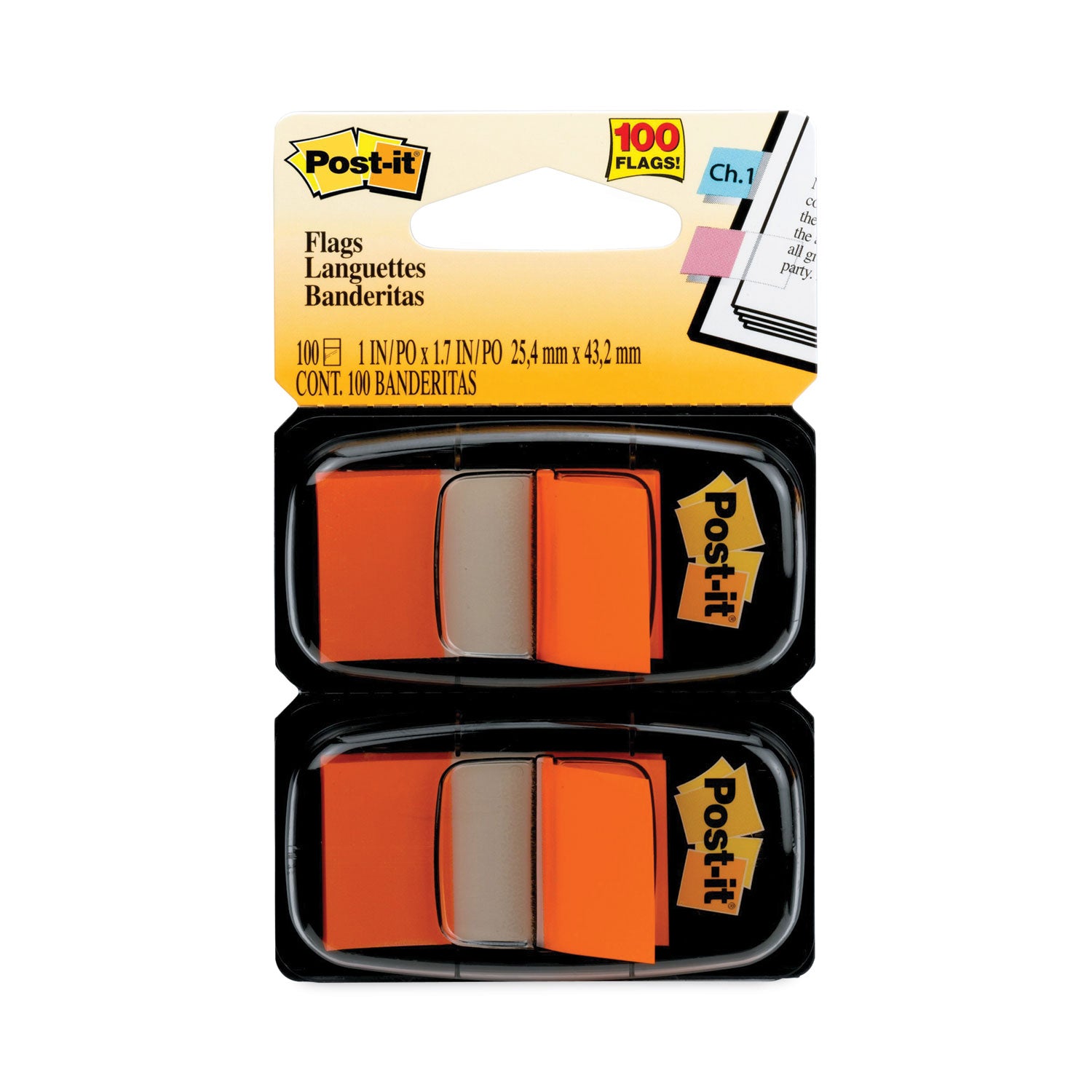 Post-it&reg; Flags - 100 x Orange - 1" Flag/Note Width x 1 3/4" Flag/Note Length - Rectangle - Unruled - Orange - Removable, Tab - Dispenser Included - 1 Pack