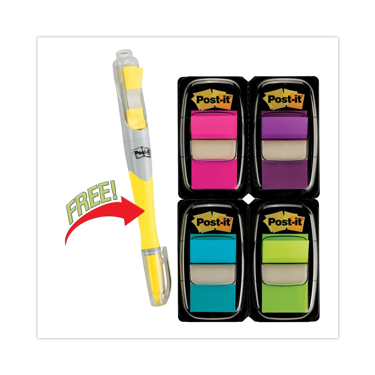 Post-it&reg; Flags Value Pack - 200 - 1" Flag/Note Width x 1 3/4" Flag/Note Length - Rectangle, Arrow - Unruled - Aqua, Yellow, Green, Purple, Pink, Blue - Self-adhesive, Removable - Dispenser Included - 200 / Pack