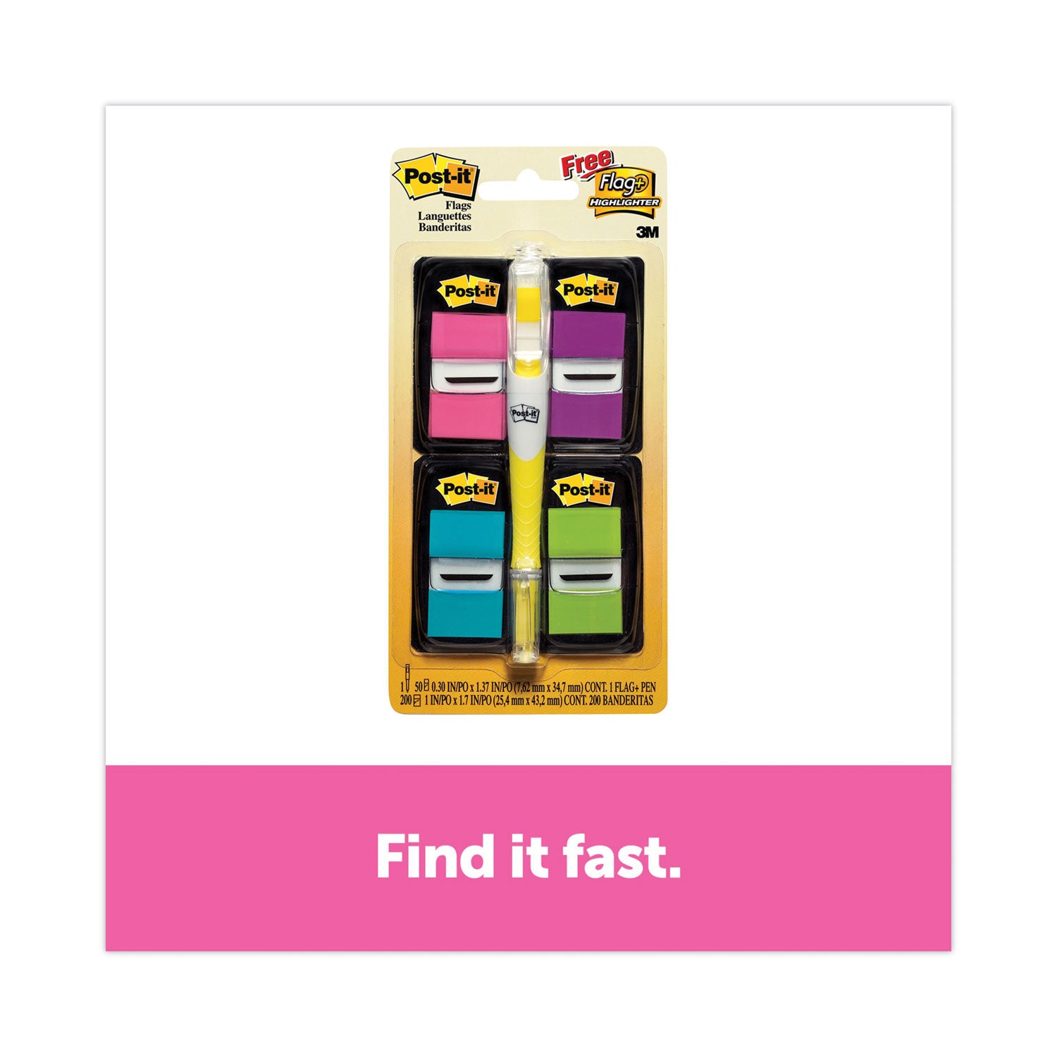 Post-it&reg; Flags Value Pack - 200 - 1" Flag/Note Width x 1 3/4" Flag/Note Length - Rectangle, Arrow - Unruled - Aqua, Yellow, Green, Purple, Pink, Blue - Self-adhesive, Removable - Dispenser Included - 200 / Pack