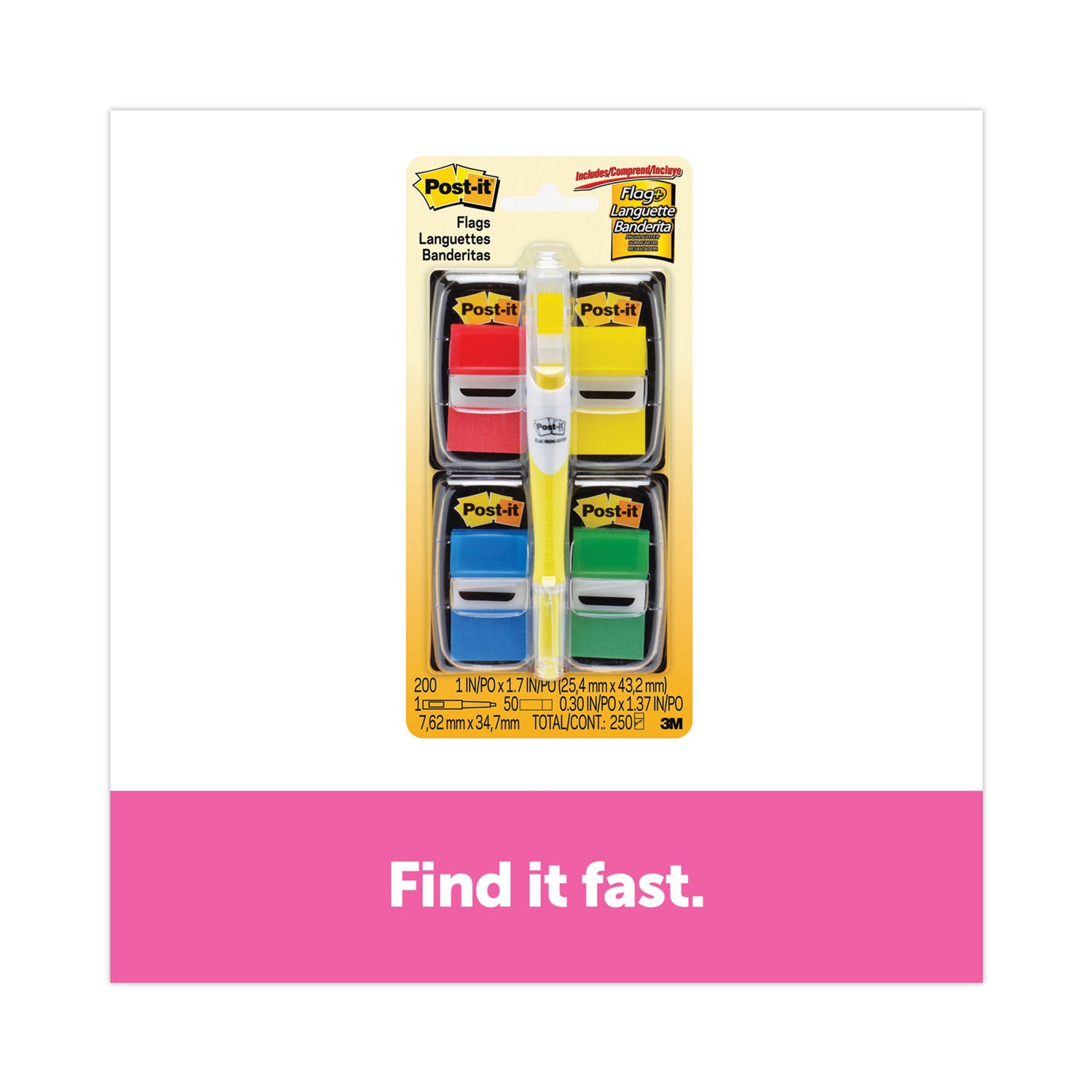 Post-it&reg; Flags Value Pack - 200 - 1" Flag/Note Width x 1 3/4" Flag/Note Length - Rectangle - Unruled - Red, Green, Yellow, Blue, Assorted - Self-adhesive, Removable - Dispenser Included - 1 Pack