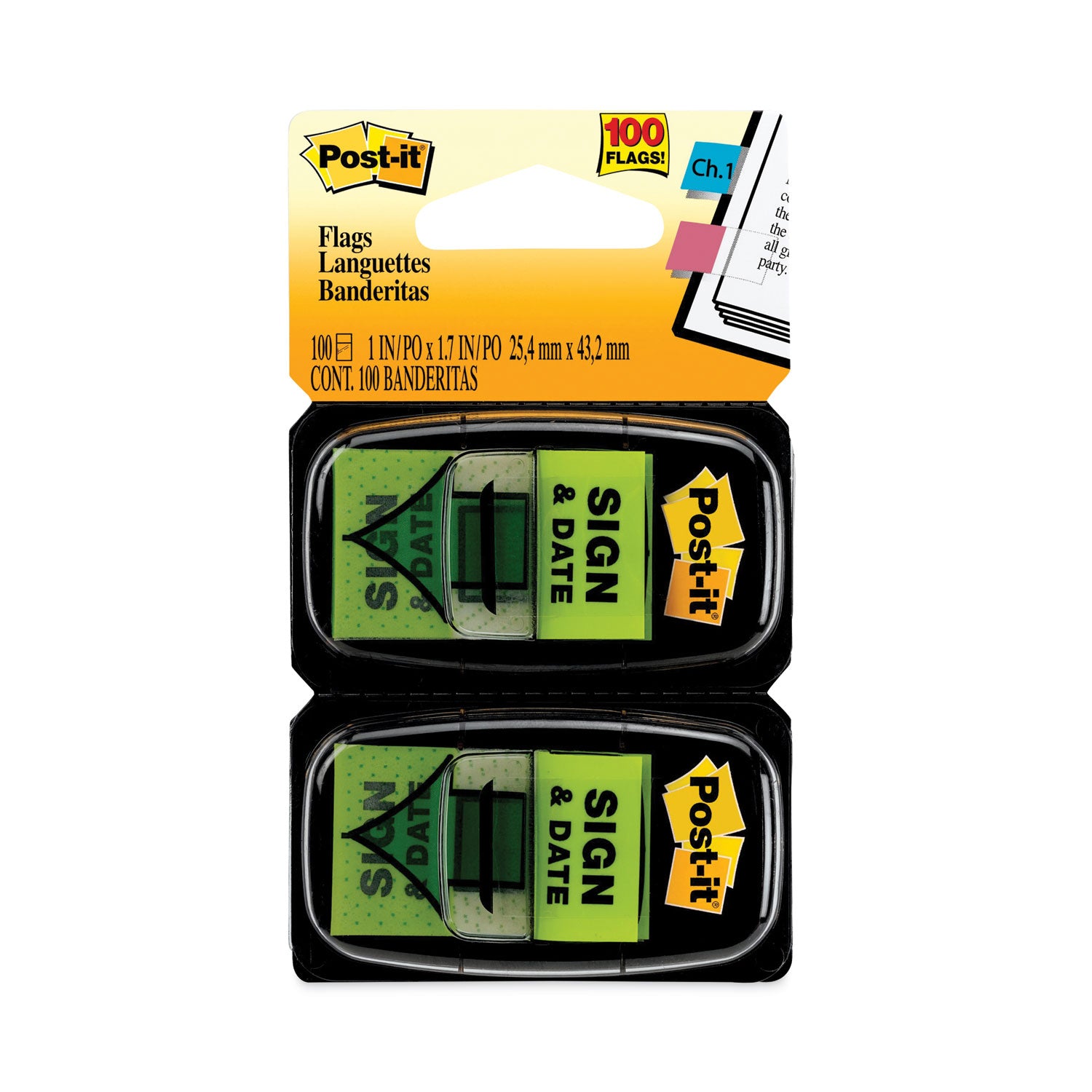 Post-it&reg; Message Flags - 100 x Green - 1" Flag/Note Width x 1 3/4" Flag/Note Length - Arrow, Rectangle - Unruled - Sign & Date - Green - Removable, Self-adhesive - Dispenser Included - 1 Pack