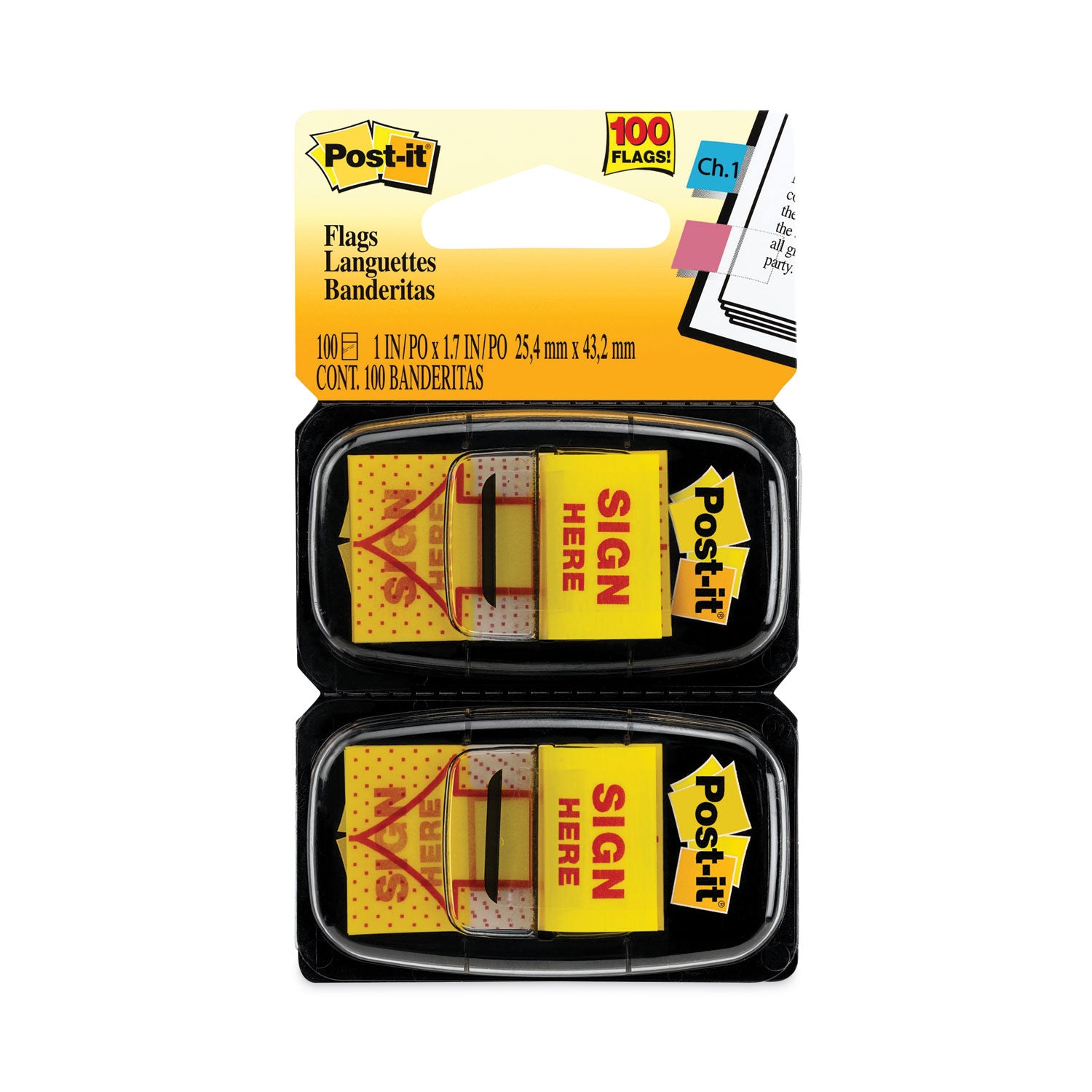 Post-it&reg; Message Flags - 100 x Yellow - 1" Flag/Note Width x 1 3/4" Flag/Note Length - Arrow, Rectangle - Unruled - SIGN HERE - Yellow - Removable, Self-adhesive - Dispenser Included - 1 Pack