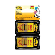 Post-it&reg; Message Flags - 100 x Yellow - 1" Flag/Note Width x 1 3/4" Flag/Note Length - Arrow, Rectangle - Unruled - SIGN HERE - Yellow - Removable, Self-adhesive - Dispenser Included - 1 Pack