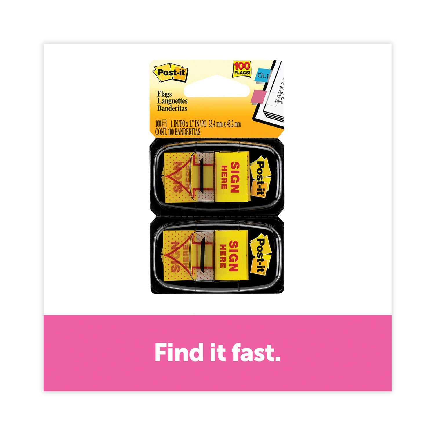 Post-it&reg; Message Flags - 100 x Yellow - 1" Flag/Note Width x 1 3/4" Flag/Note Length - Arrow, Rectangle - Unruled - SIGN HERE - Yellow - Removable, Self-adhesive - Dispenser Included - 1 Pack